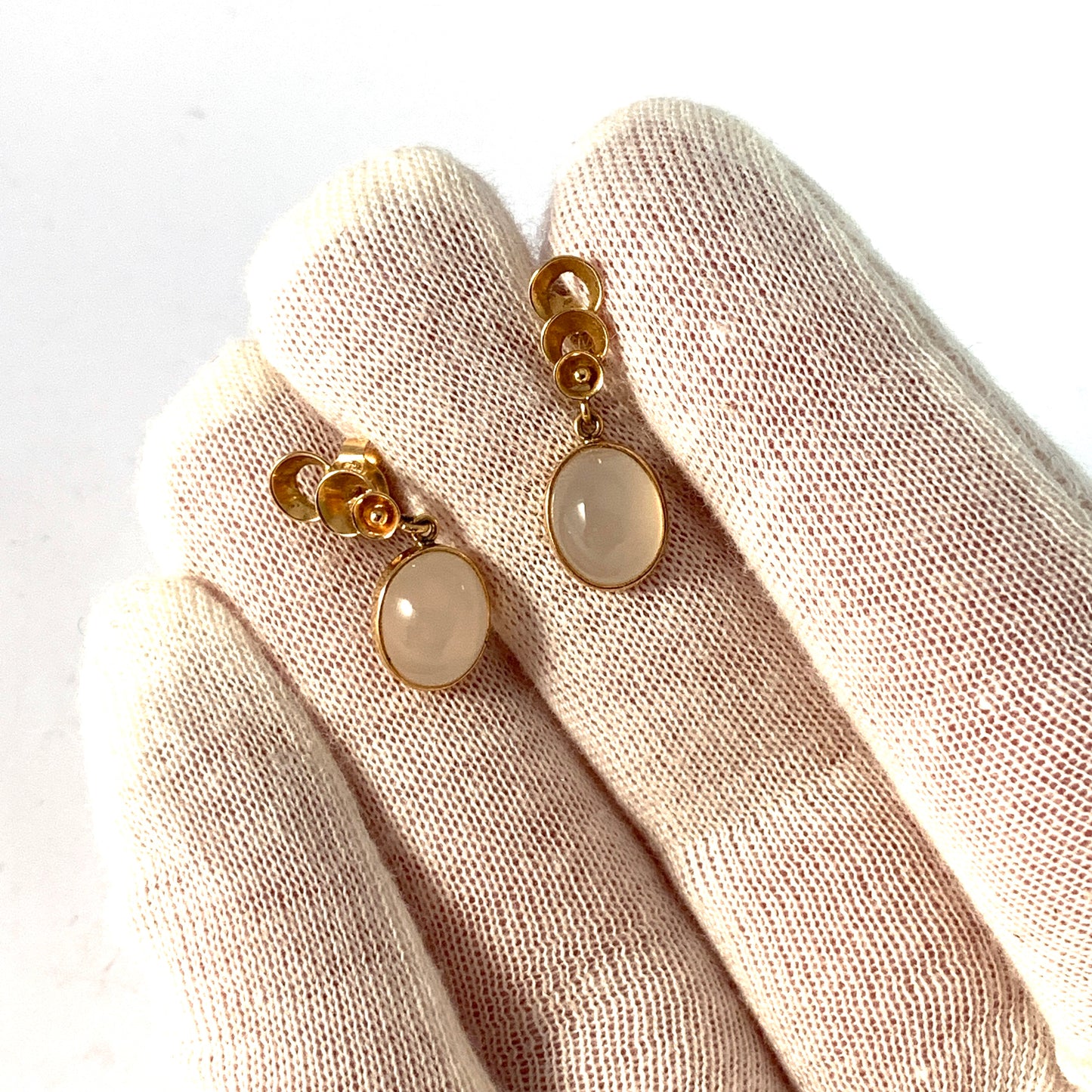 Opifors, Sweden 1960-70s. Vintage 18k Gold White Chalcedony Earrings.