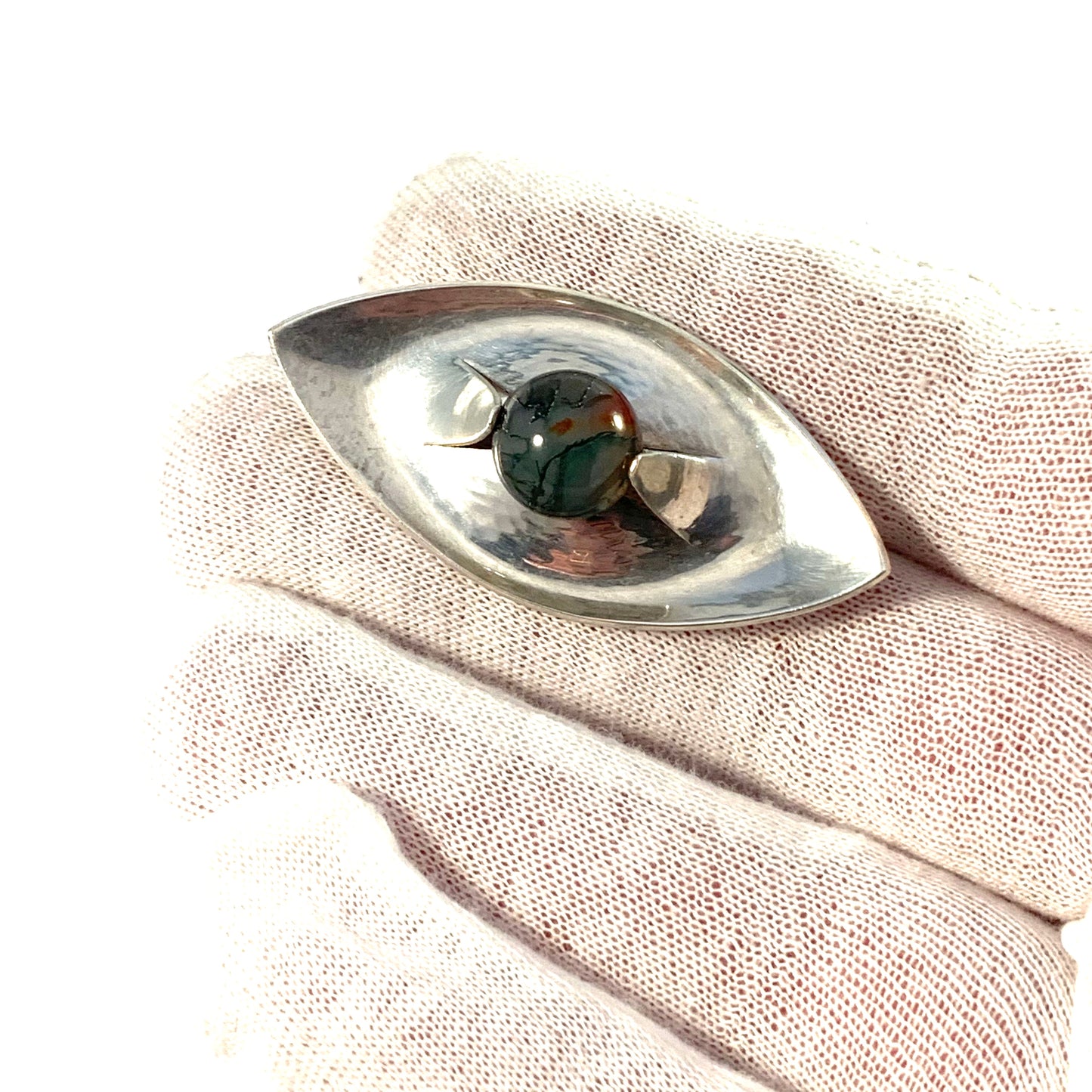 Elis Kauppi, Kupittaan Kulta Finland 1963 Solid Silver Moss Agate Brooch.