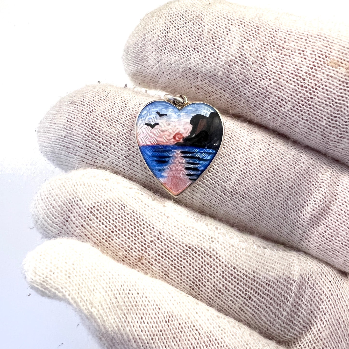 Ivar T Holth, Norway. Vintage c 1950s Sterling Silver Enamel Lord's Prayer Heart Pendant.