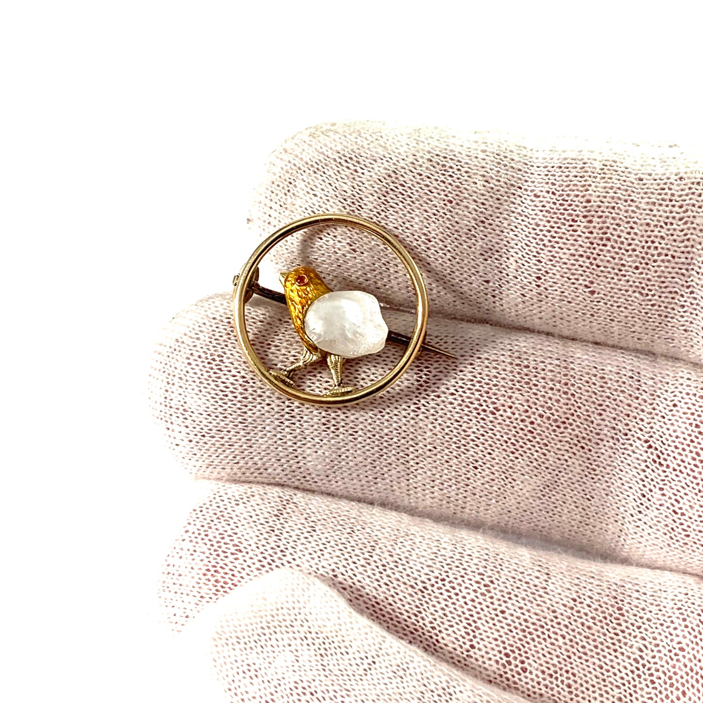 Antique Victorian 14k Gold Ruby Pearl Bird Brooch.