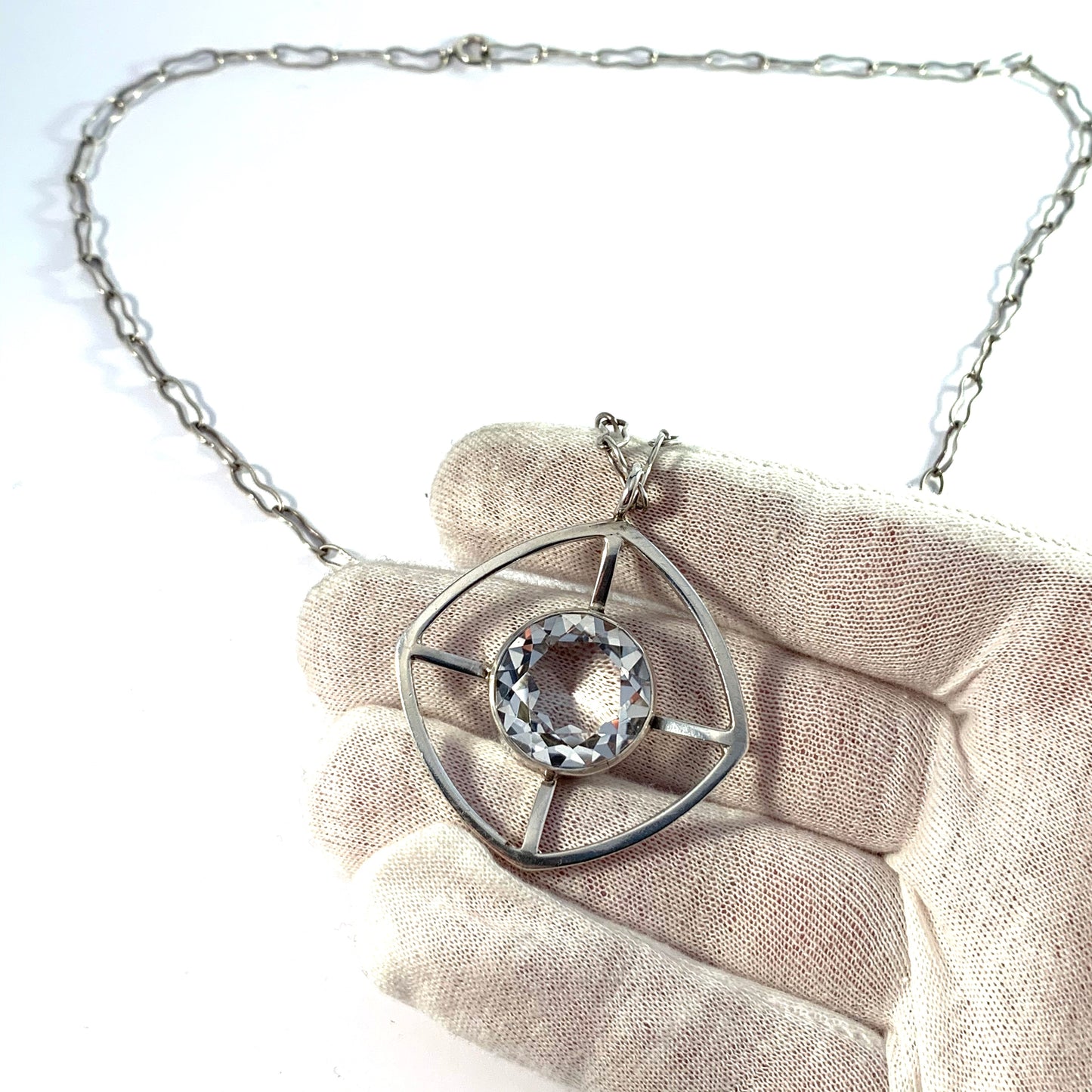 Mats Fridmark, Stockholm 1969 Sterling Silver Rock Crystal Modernist Pendant Necklace.
