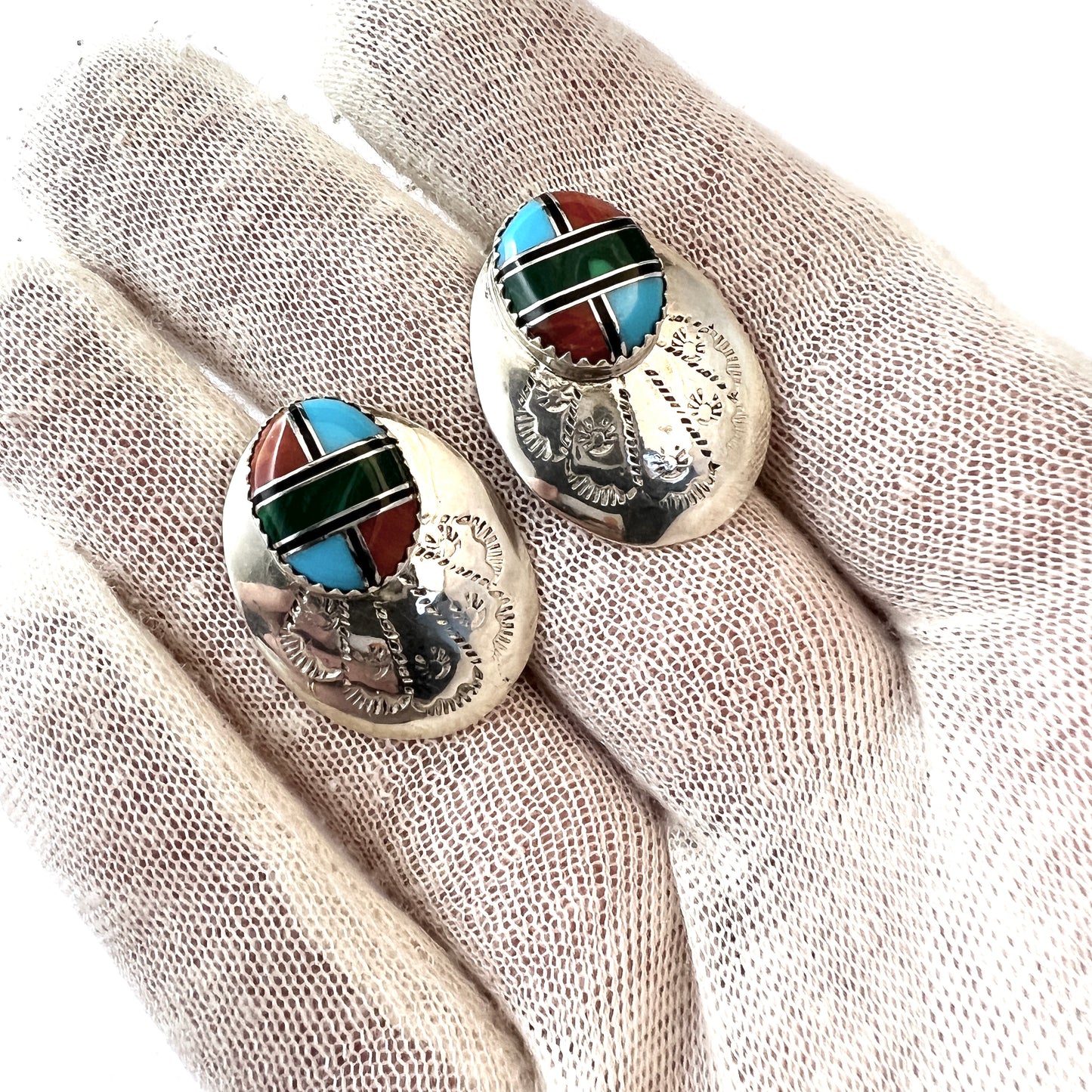 Vintage Native American Sterling Silver Stone Inlay Earrings. Makers Mark.