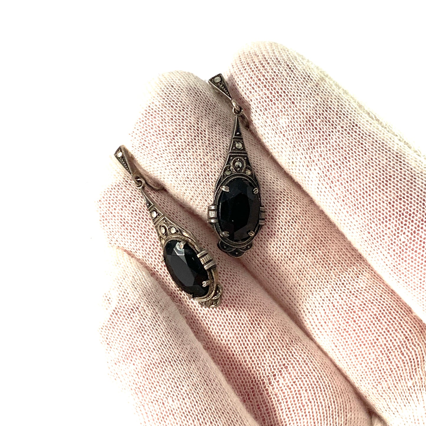 W Holmstrup (1893-1937) Denmark c 1920s. Solid Silver Glass Jet Marcasite Earrings.