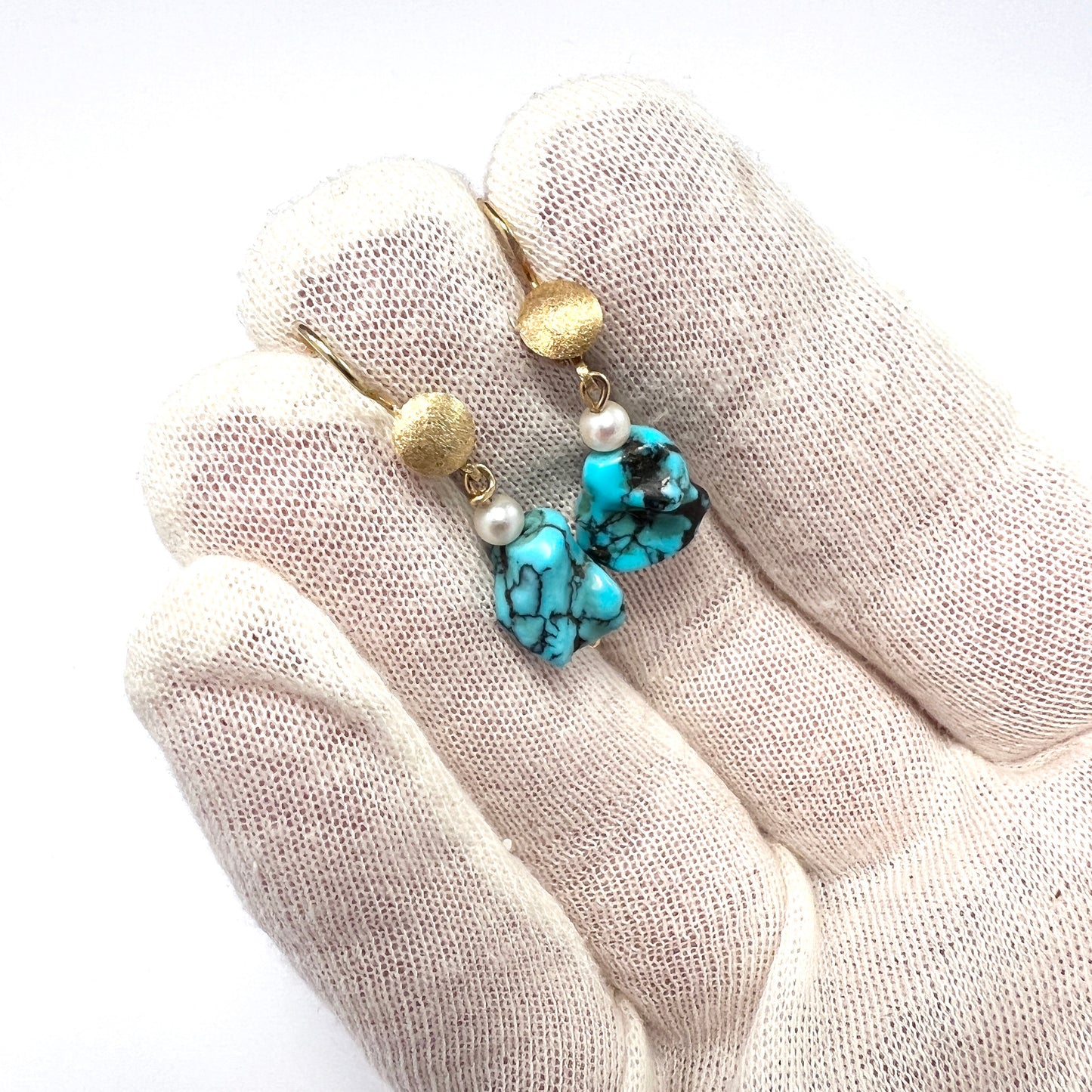 Sweden. Vintage 18k Gold Turquoise Pearl Earrings.