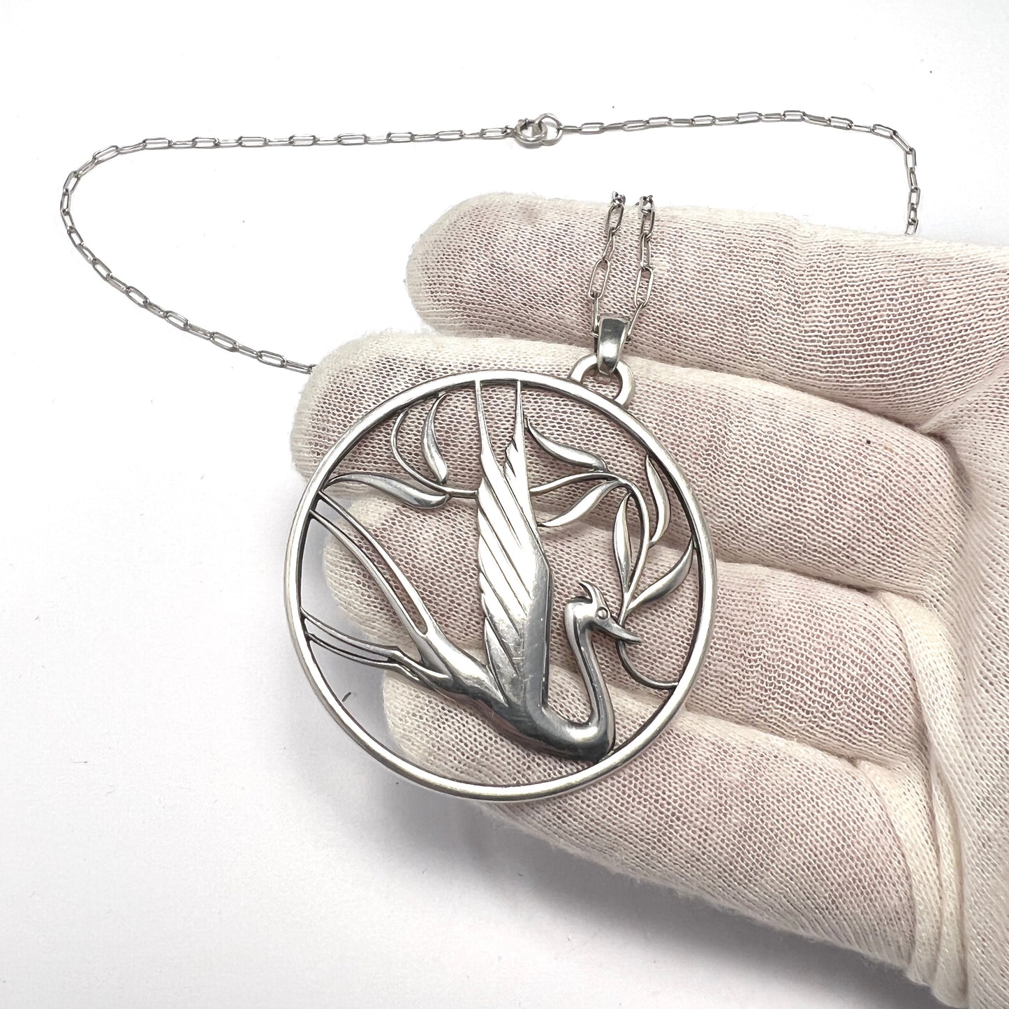 G Dahlgren, Sweden 1944. Large Vintage War-Time Sterling Silver Swallow of Peace Pendant Necklace.