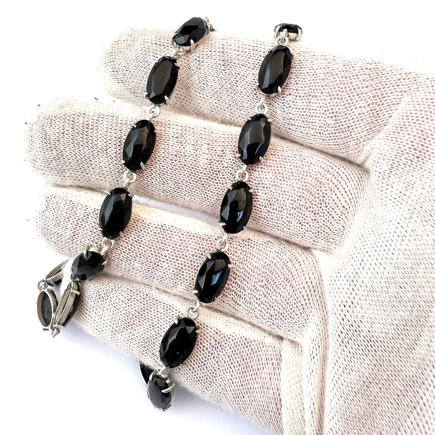 Antique 1910s. Solid Silver French Jet Rivière Mourning Necklace.