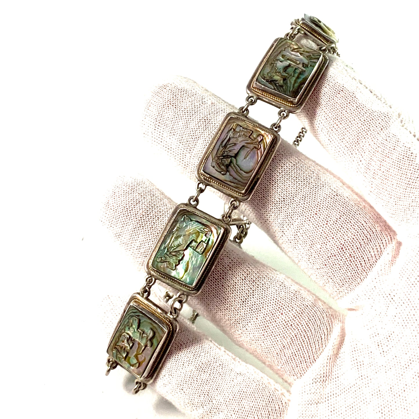 Italy Vintage 800 Silver Carved Abalone Bracelet.