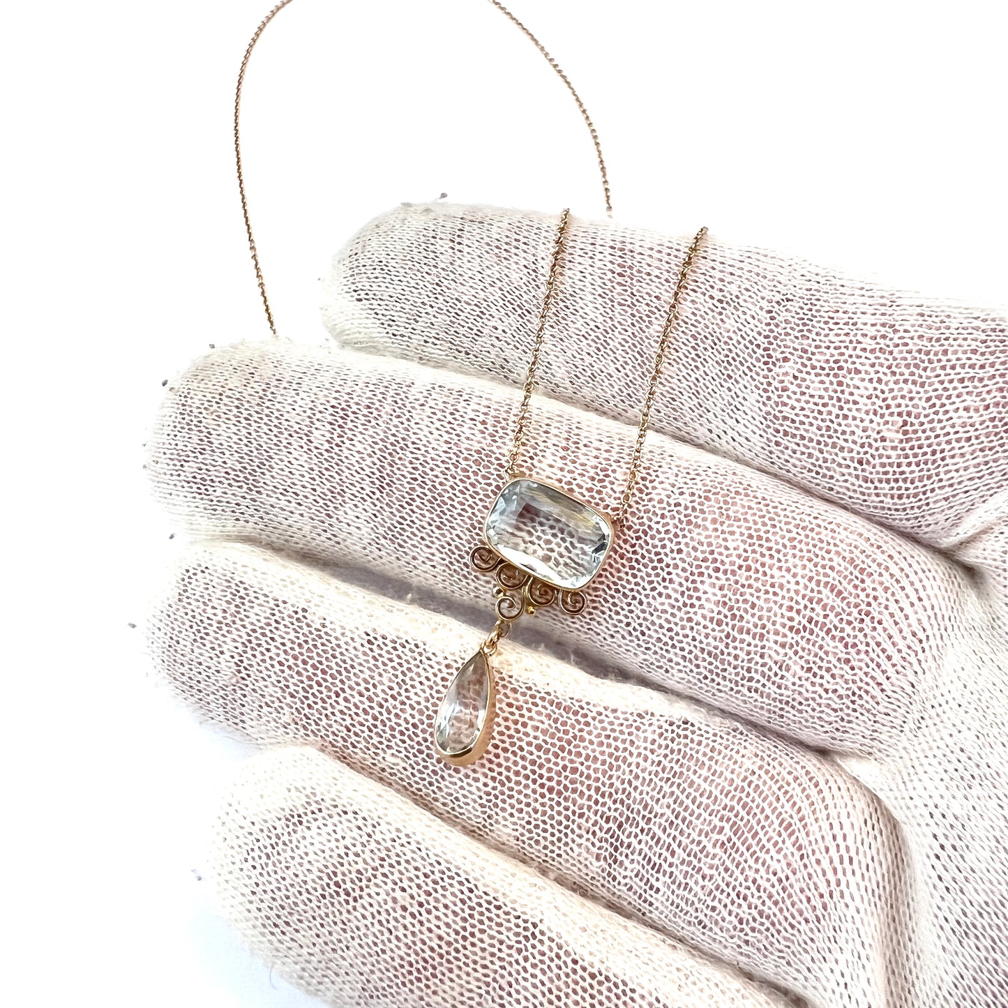 Antique c 1910s 14k Gold Pale Blue Paste Pendant Necklace.