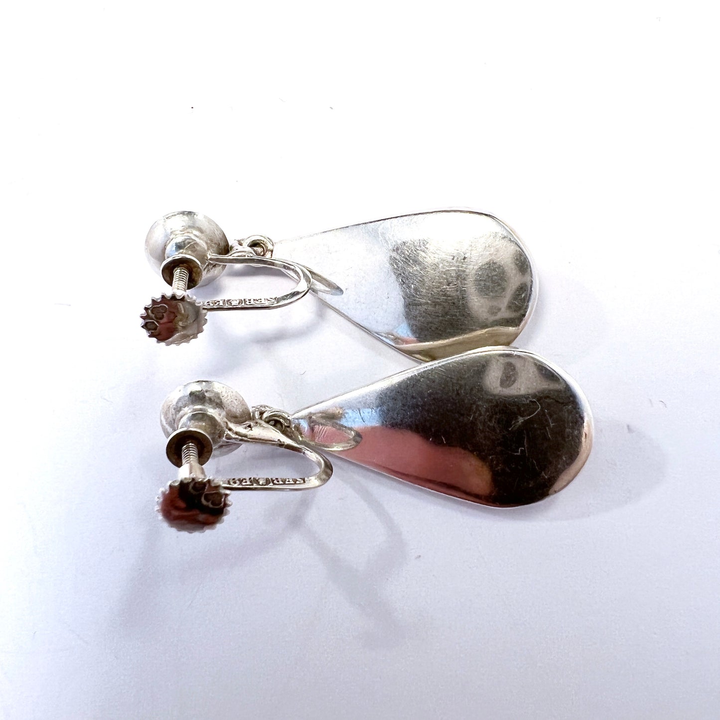 Elsbri, Stockholm 1955. Mid Century Modern Sterling Silver Chalcedony Earrings.