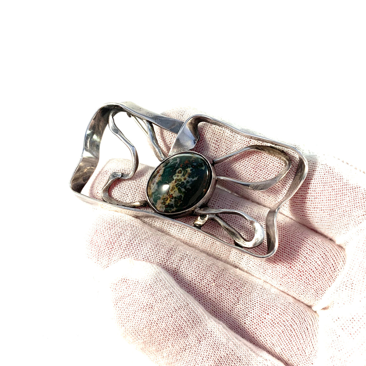 Large Modernist Sterling Silver Agate Brooch.