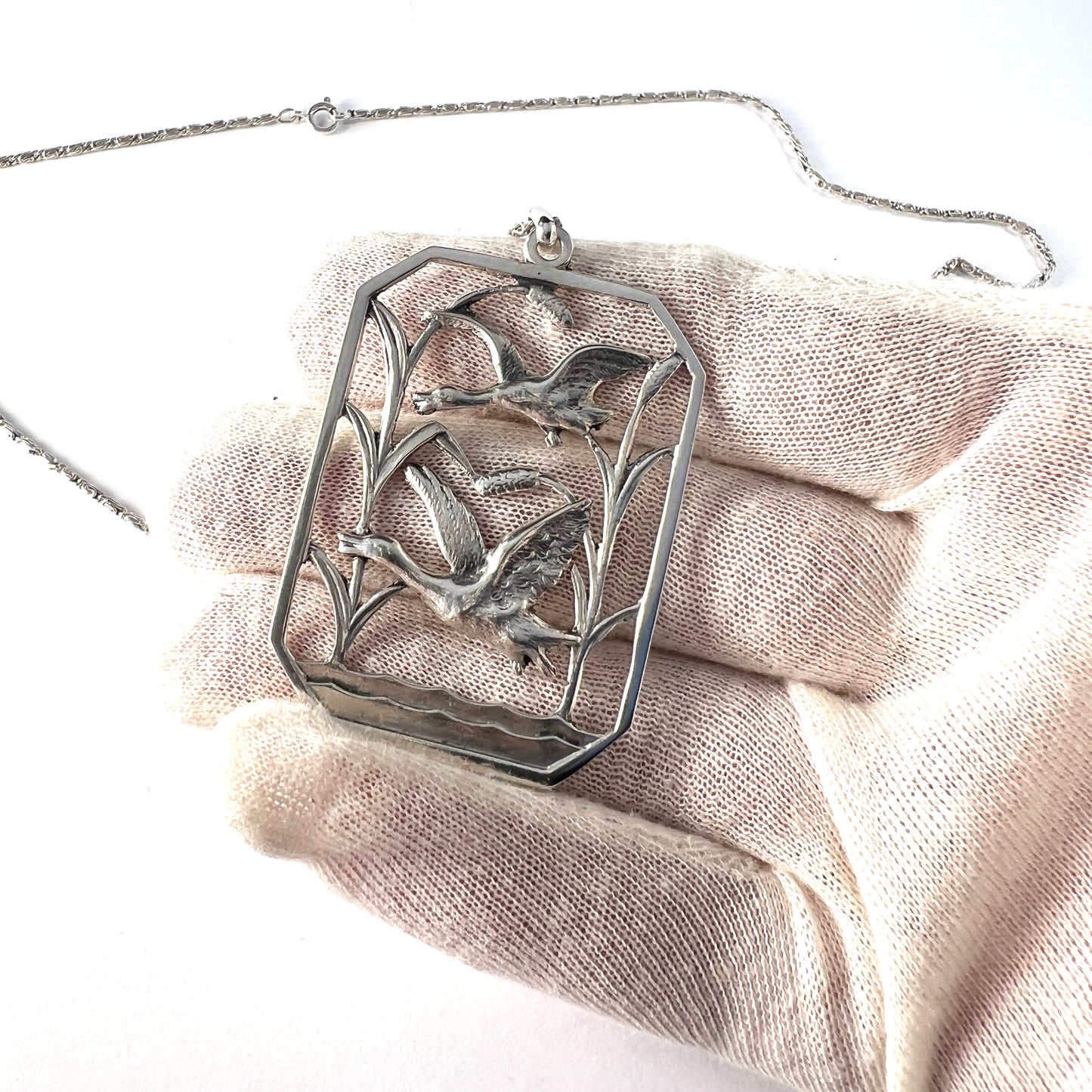 Sigfred Pedersen, Denmark 1940s. Large Solid Silver Pendant Necklace.