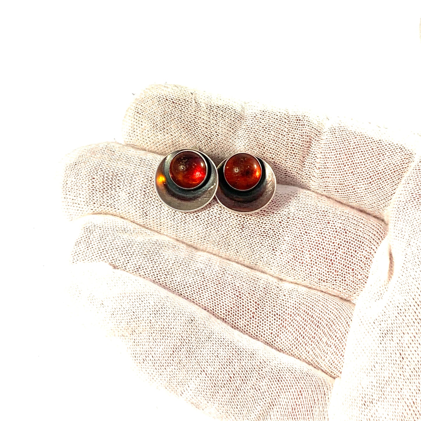 Niels Erik From, Denmark Mid Century Sterling Silver Amber Clip-on Earrings.