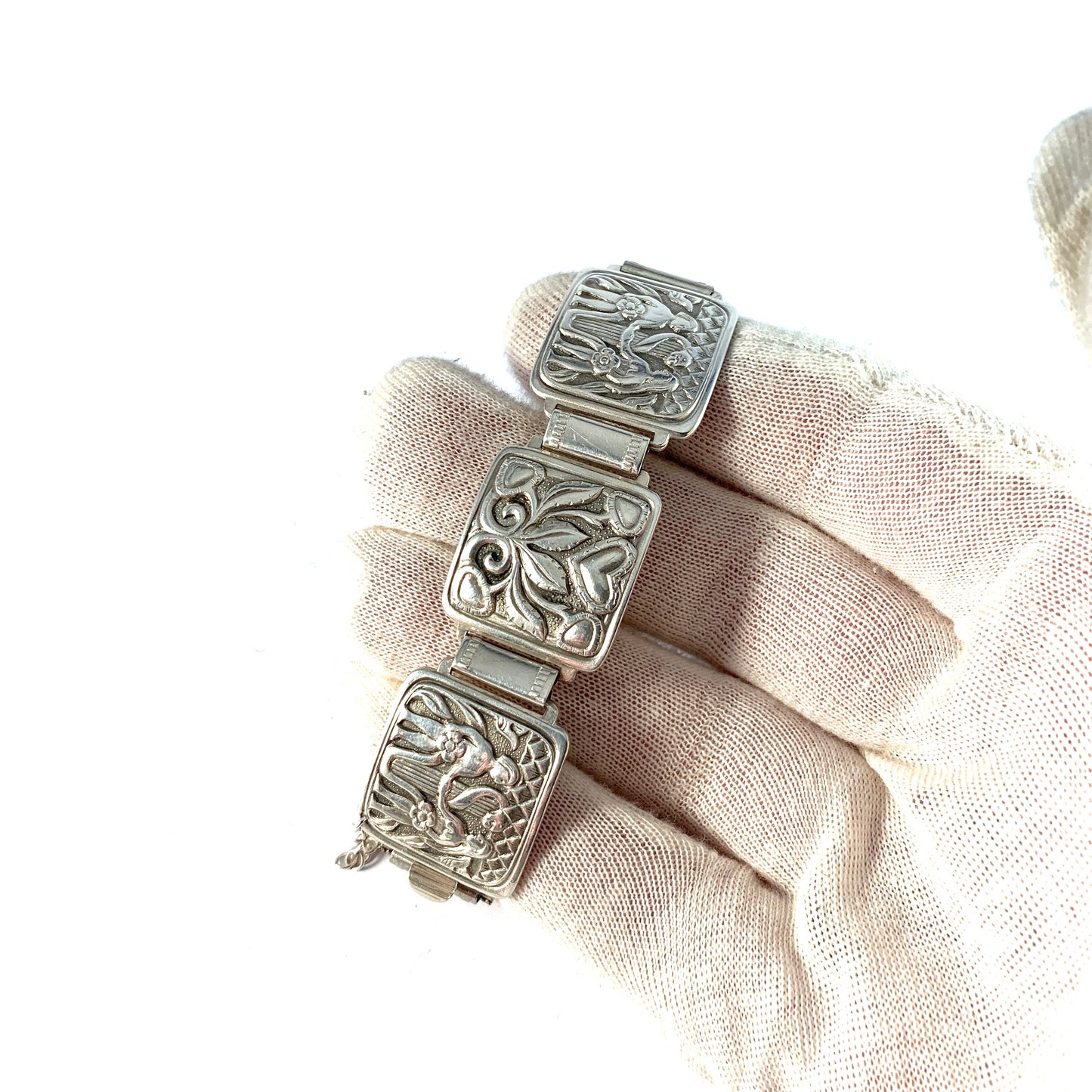 David-Andersen, Norway c 1940-50s. Solid Silver Adam and Eve Panel Bracelet.