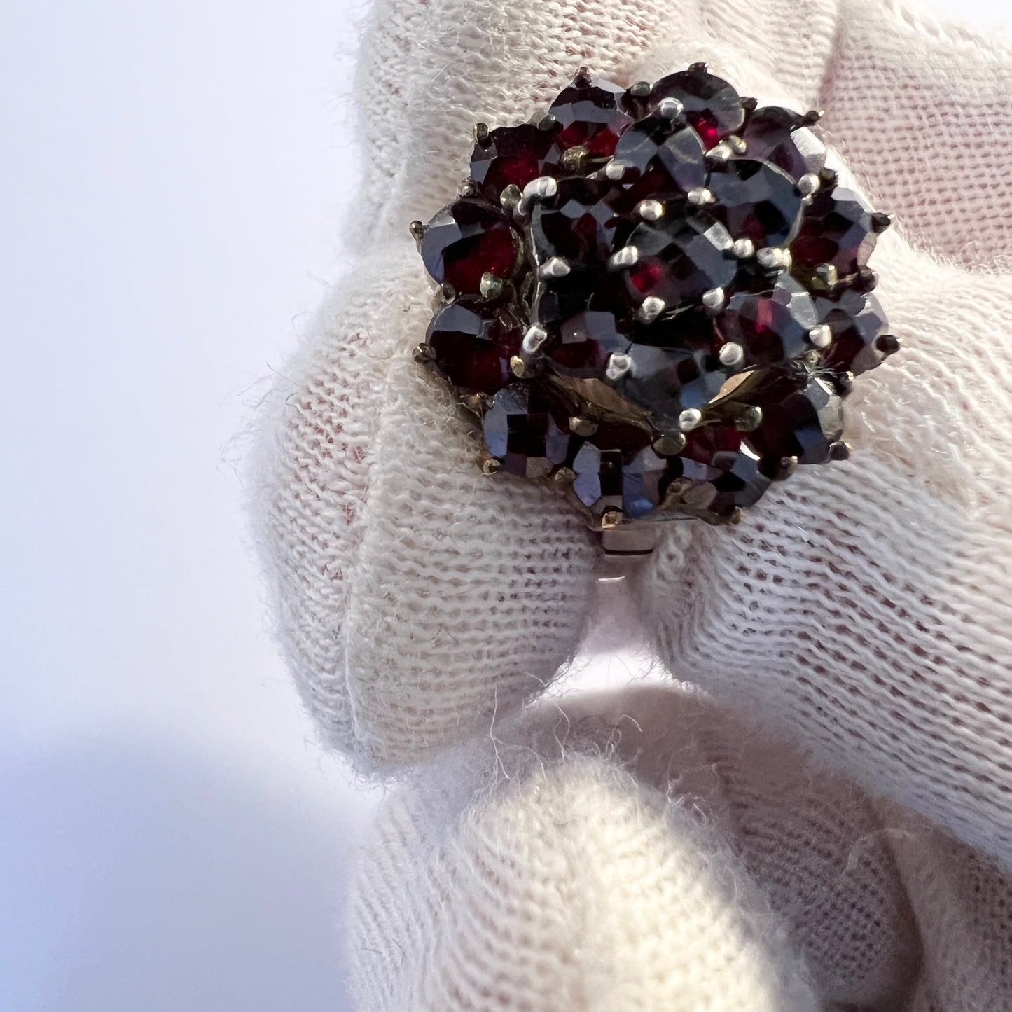 Vintage Mid Century Solid Silver Bohemian Garnet Cluster Ring.