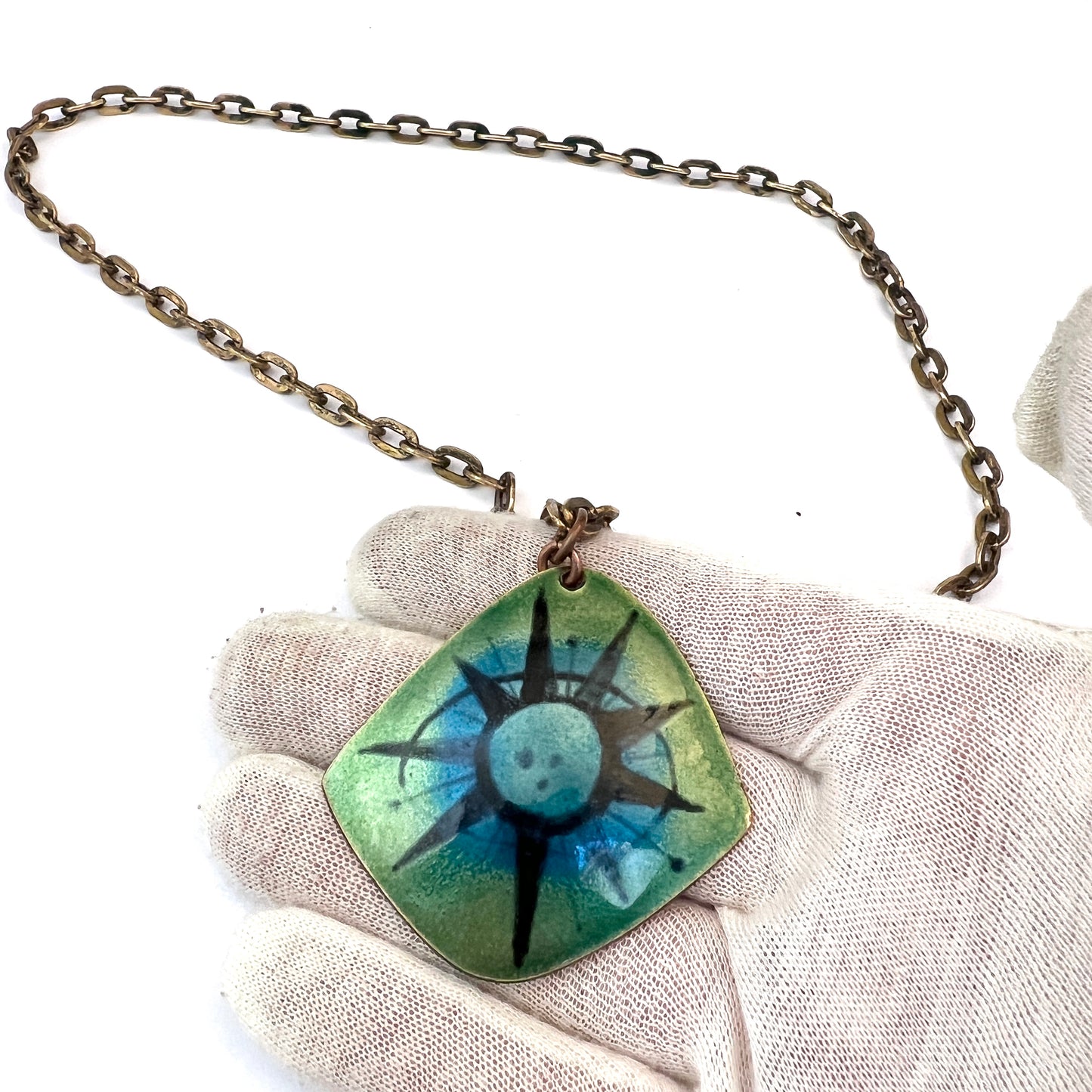 Jytte Borg, Sweden 1960s. Vintage Enamel Copper Bronze Pendant Necklace. Signed