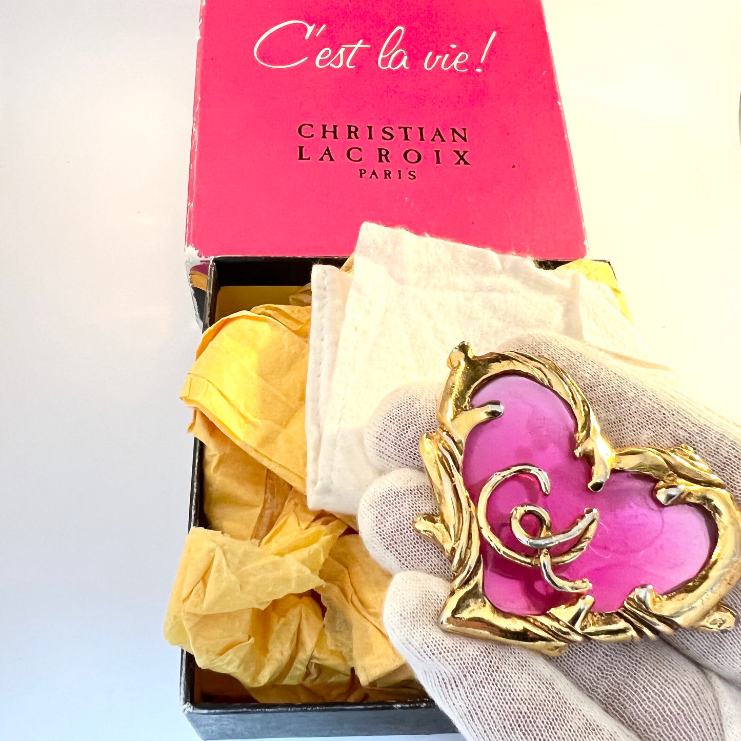 Christian Lacroix, Paris. Vintage Costume Jewelry Logo Heart Brooch. Boxed.