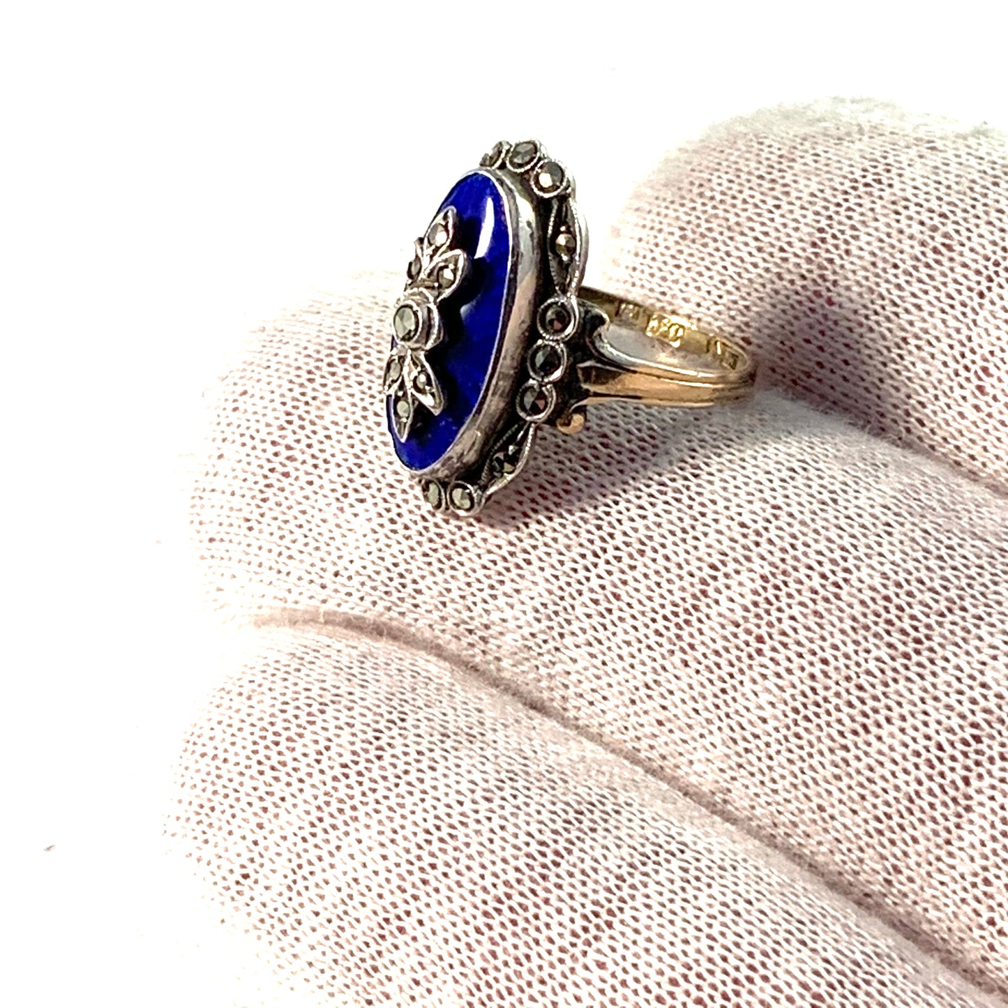 France, Victorian 18k Gold Silver Enamel Marcasite Ring.