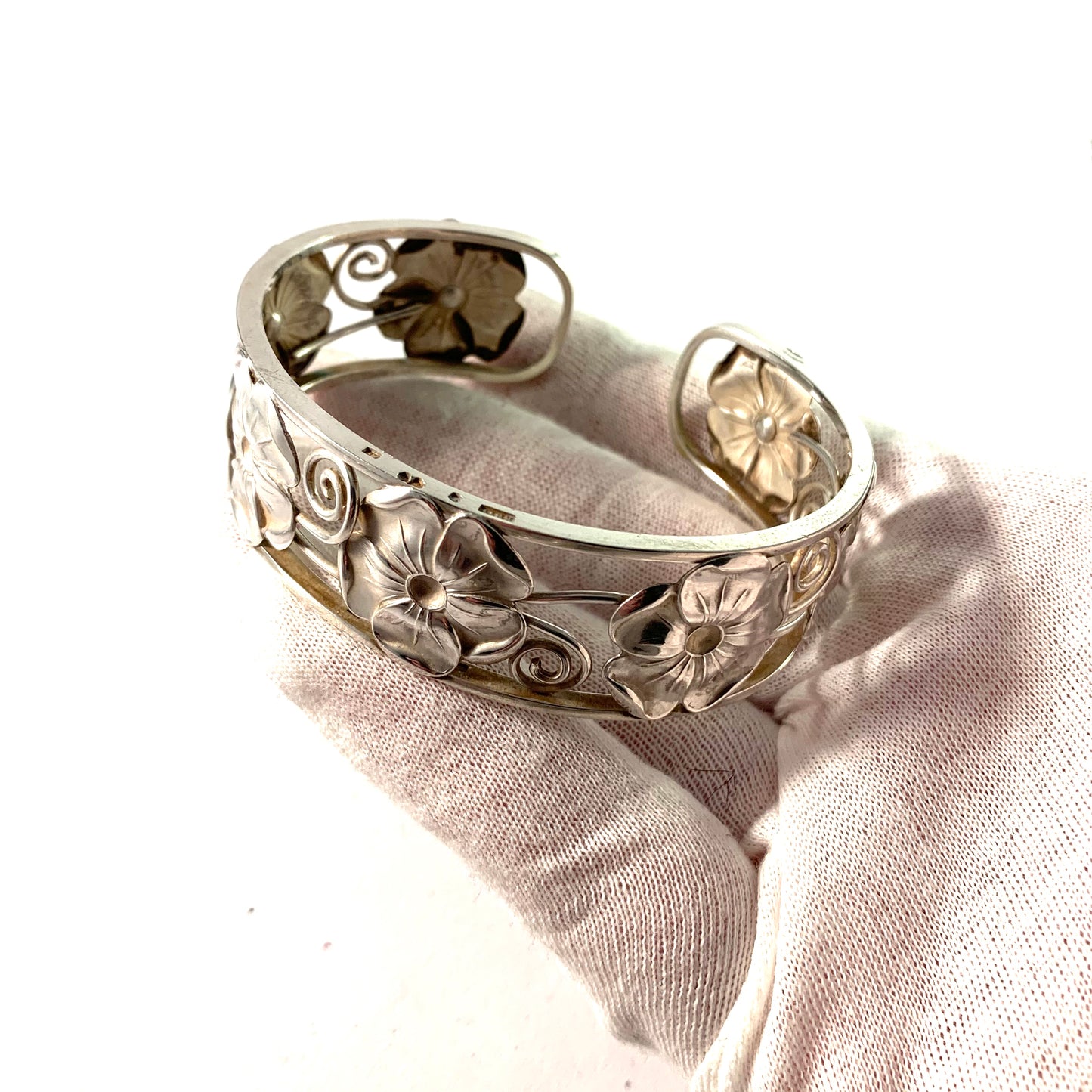 Ekström & Blohm, Sweden 1951 Mid Century Sterling Silver Floral Cuff Bracelet.
