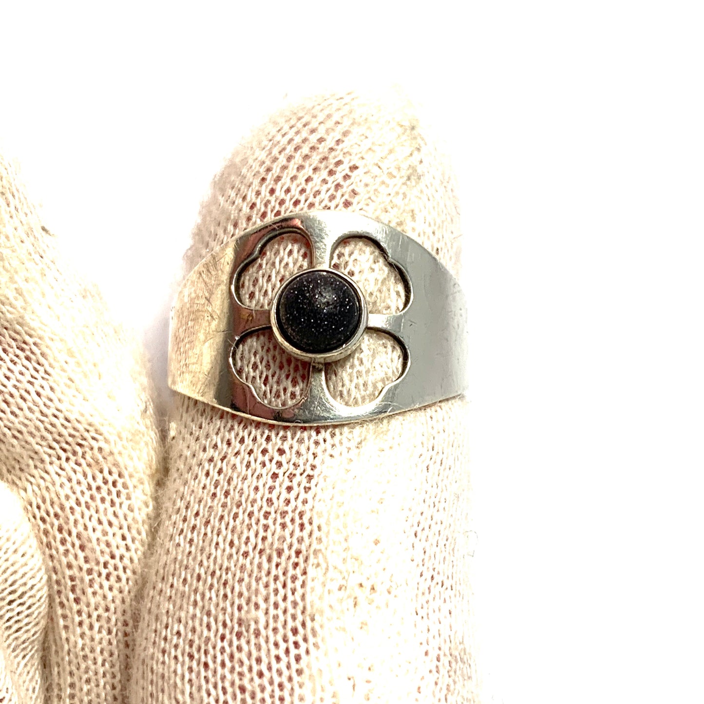 Turun Hopea Finland 1965. Solid Silver Dark Blue Goldstone Ring.