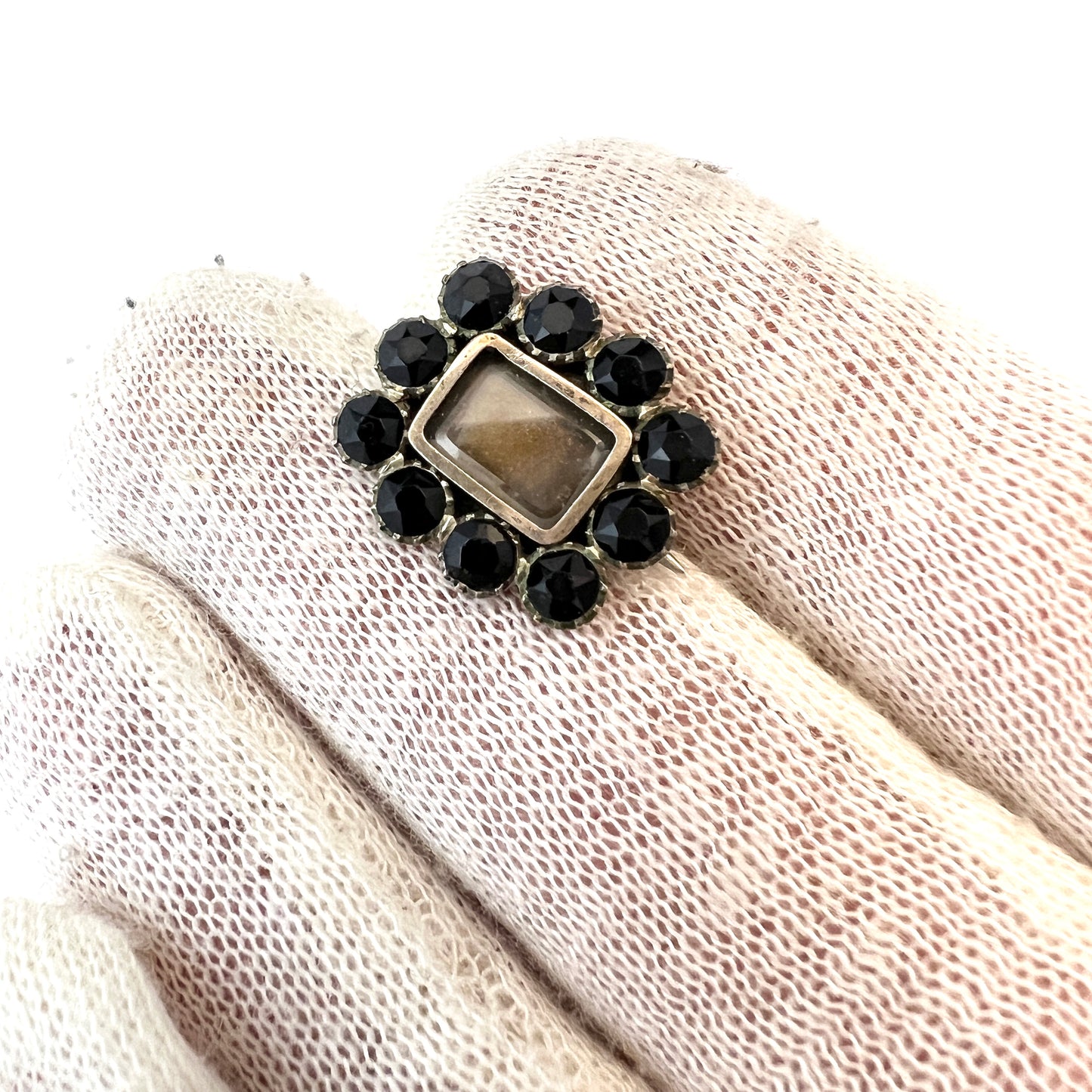 Antique c 1830s Gilt Silver French Jet Mourning Brooch.