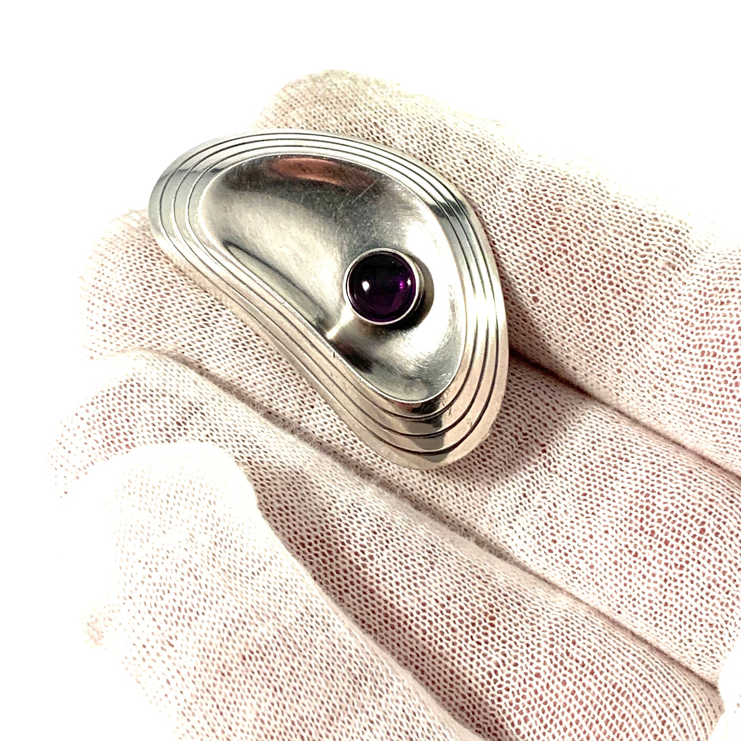 Gillgren for Dahlgren, Sweden 1957 Sterling Silver Amethyst Mid Century Modern Brooch. Signed.