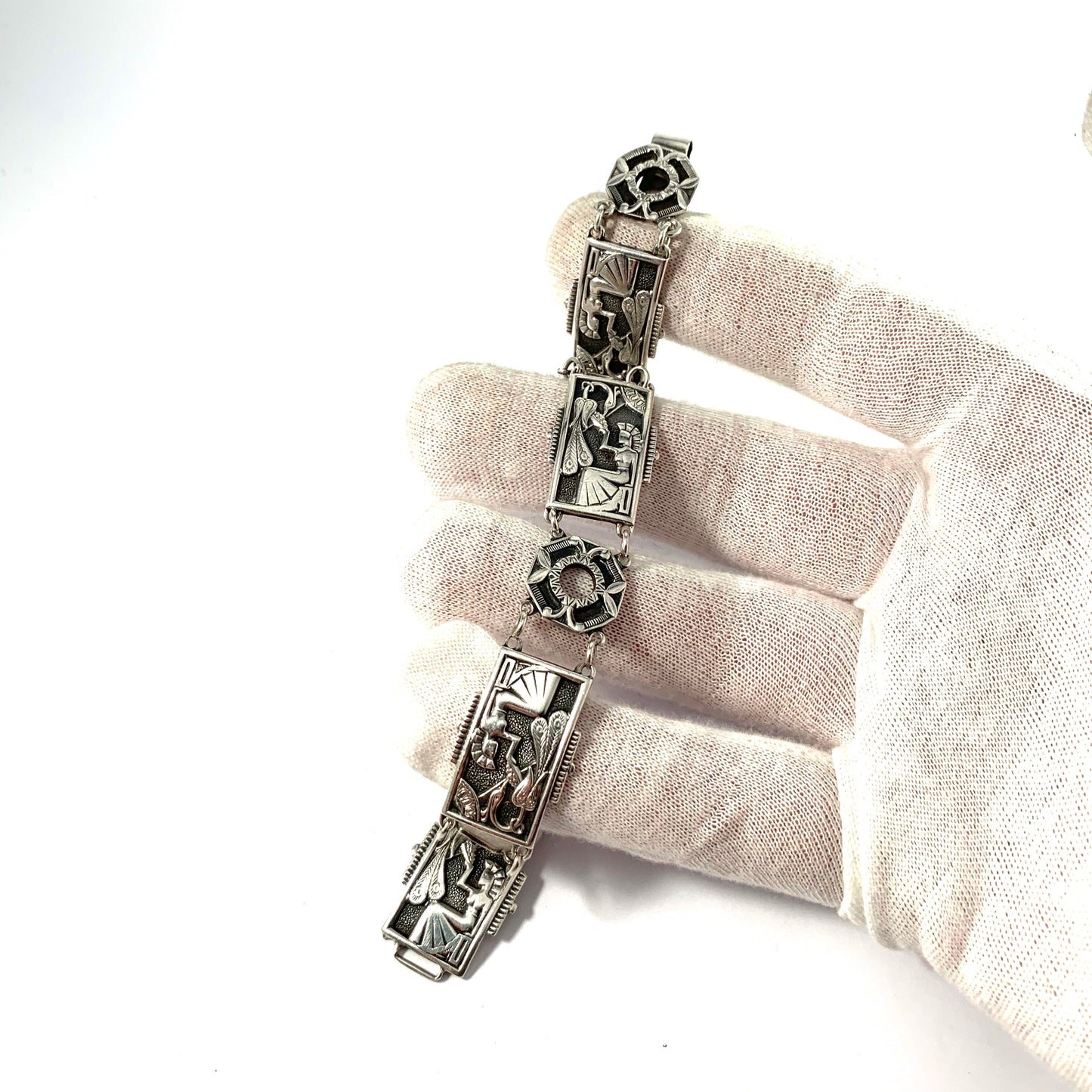 Matsilver, Sweden 1949 Mid Century Egyptian Revival Silver Link Bracelet.