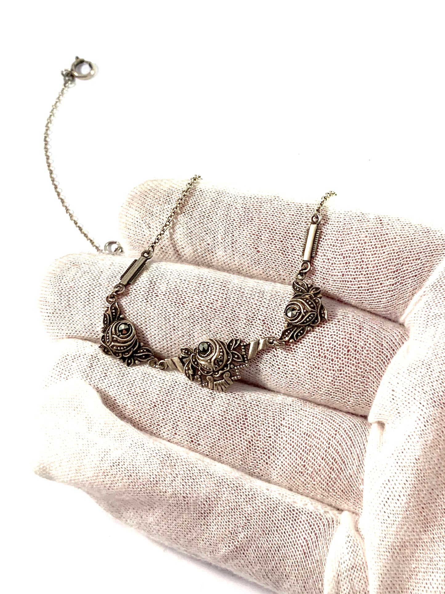 Hugo Grun, Sweden early 1900s Solid Silver Marcasite Flower Necklace.