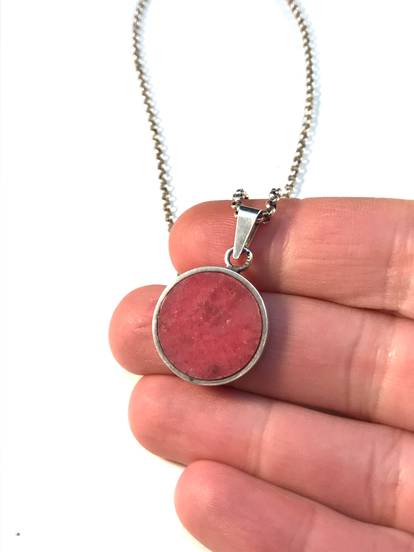 Bronsil, Sweden 1970s Solid 830 Silver Norwegian Thulite Pendant Necklace