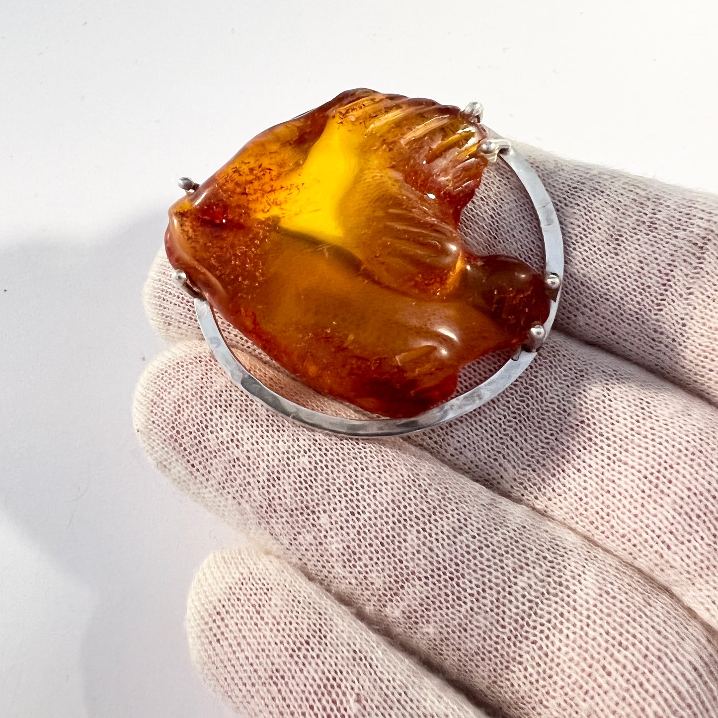 Gdansk, Poland. Vintage Sterling Silver Baltic Amber Fish Brooch.