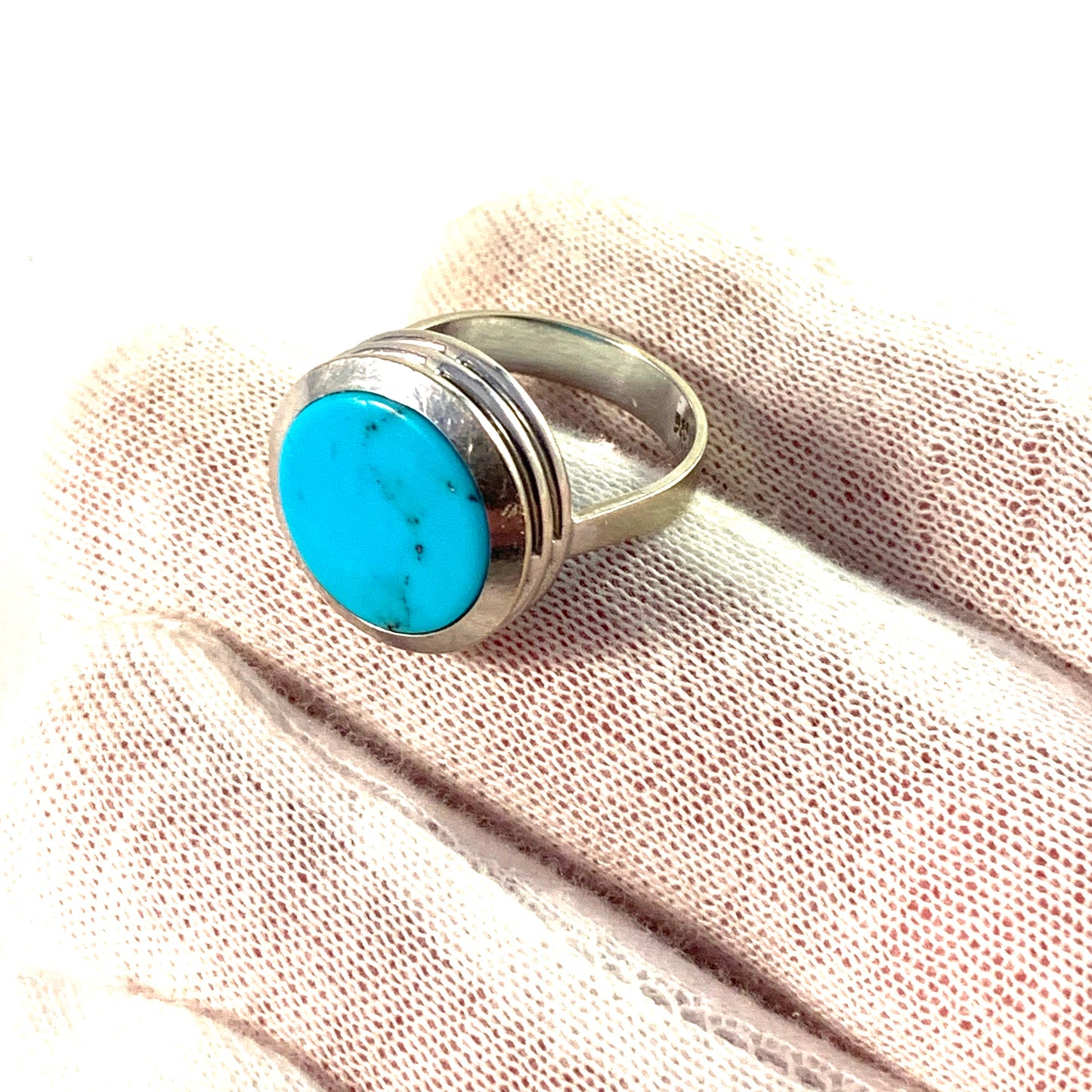 Vintage 1960s 14k White Gold Turquoise Ring. Maker's mark.