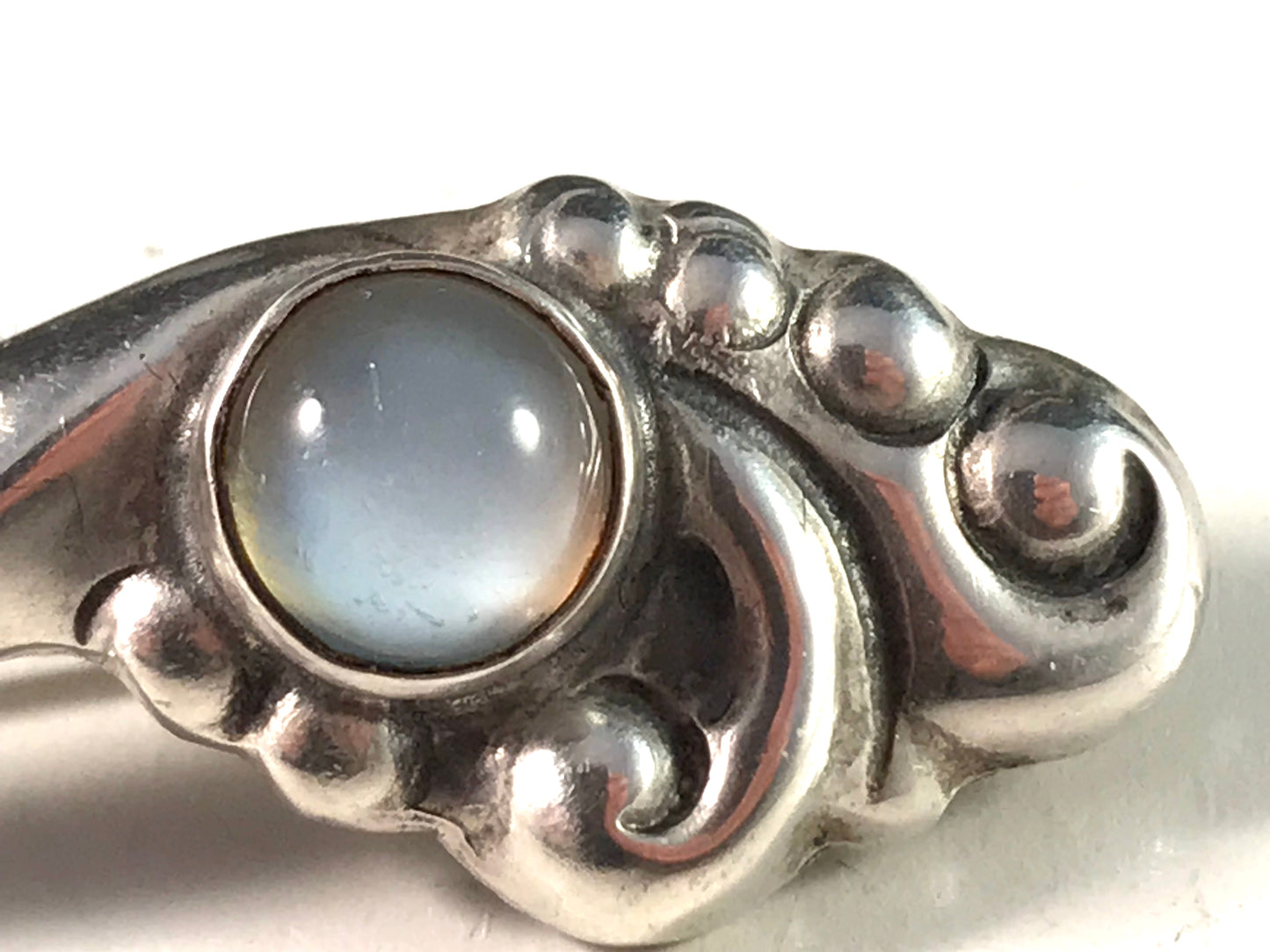 C Hannibal, Copenhagen early 1900s Art Nouveau Skonvirke 830 Silver Moonstone Pin Brooch