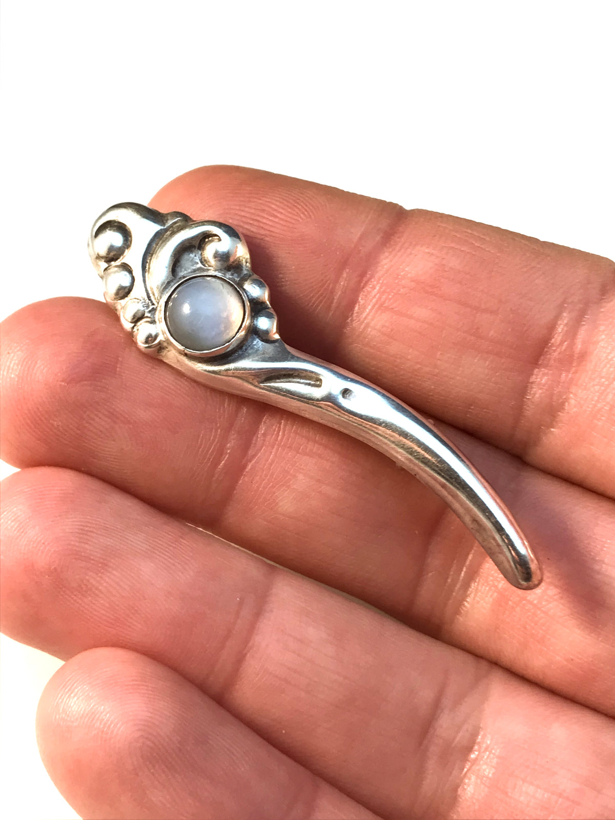 C Hannibal, Copenhagen early 1900s Art Nouveau Skonvirke 830 Silver Moonstone Pin Brooch