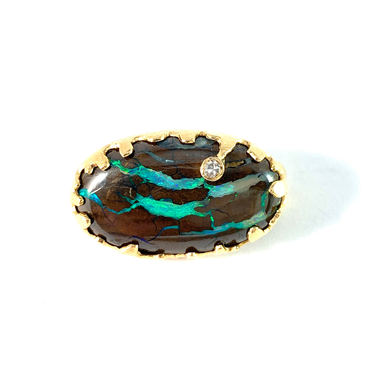 Sengels Guldsmedja, Sweden 1977. Vintage 18k Gold Boulder Opal Diamond Brooch.