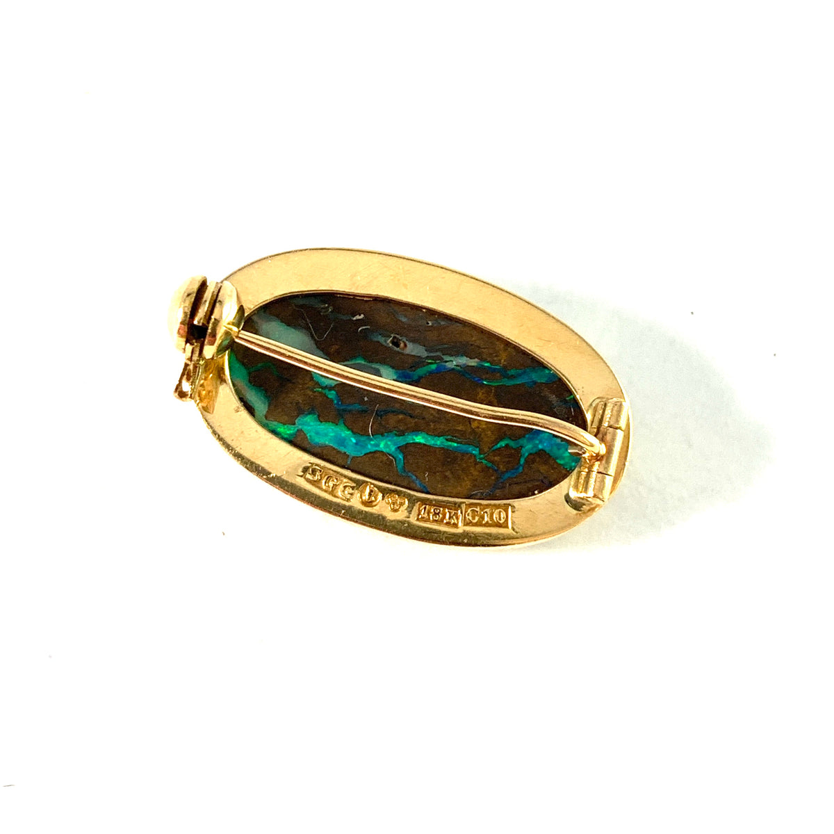 Sengels Guldsmedja, Sweden 1977. Vintage 18k Gold Boulder Opal Diamond Brooch.