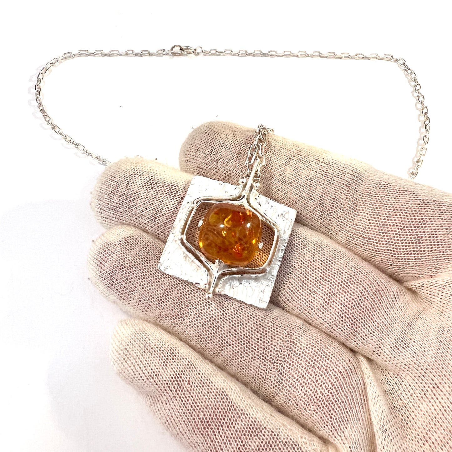 TEKA Germany, Vintage 1970s. Sterling Silver Amber Pendant Necklace.