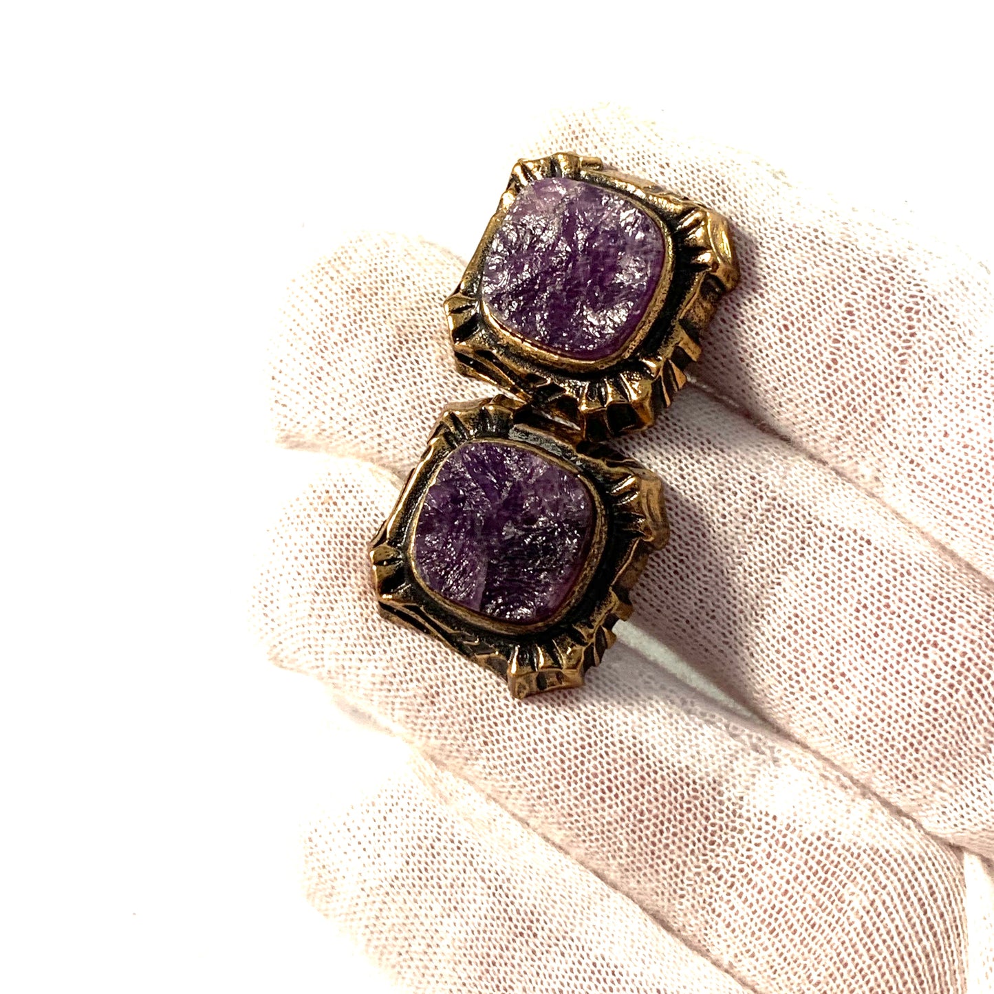 Pentti Sarpaneva, Finland Bold Brutalist 1960s Bronze Raw Amethyst Cufflinks