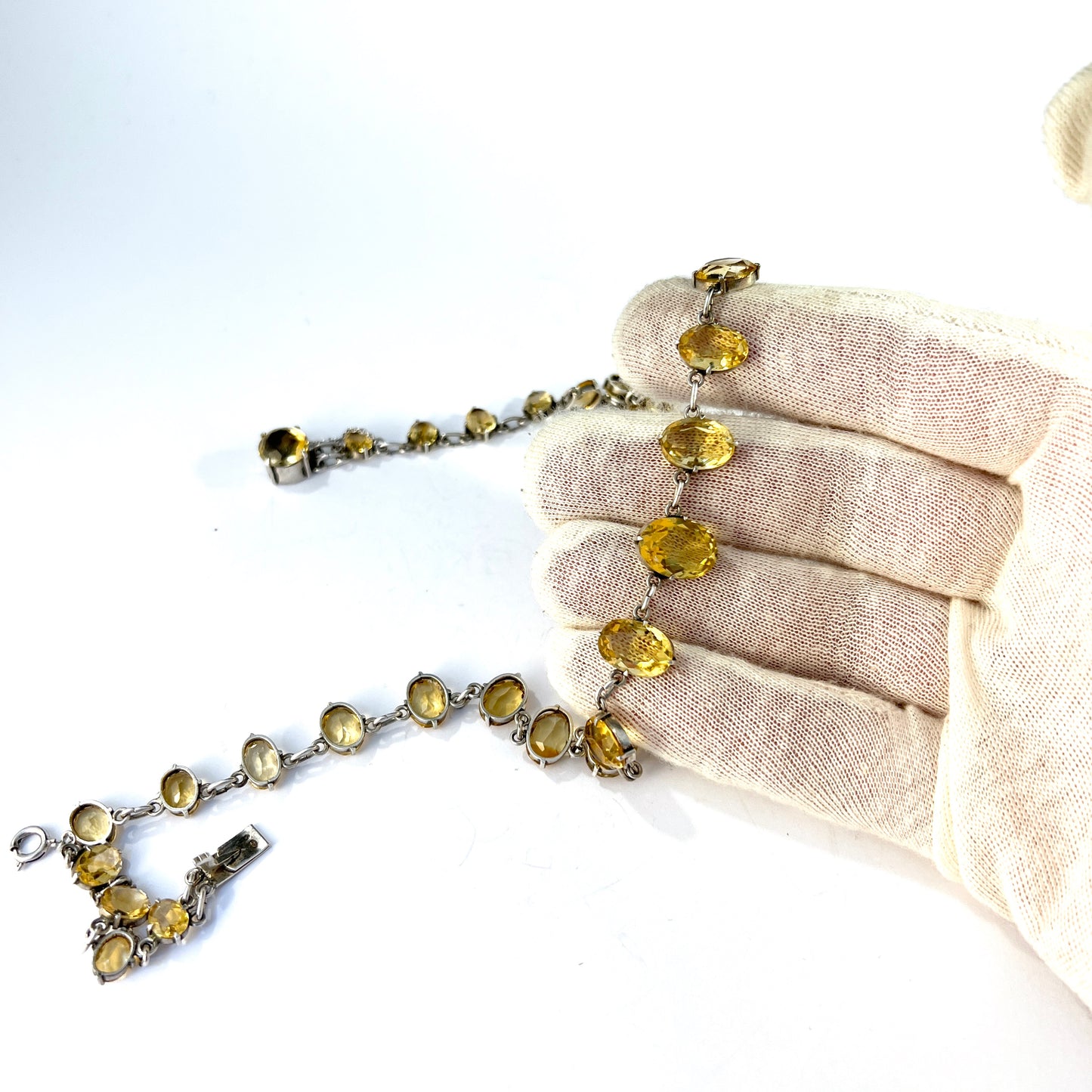 Maker HJ Germany/Denmark c year 1900. Antique 830 Silver Citrine Riviere Necklace.