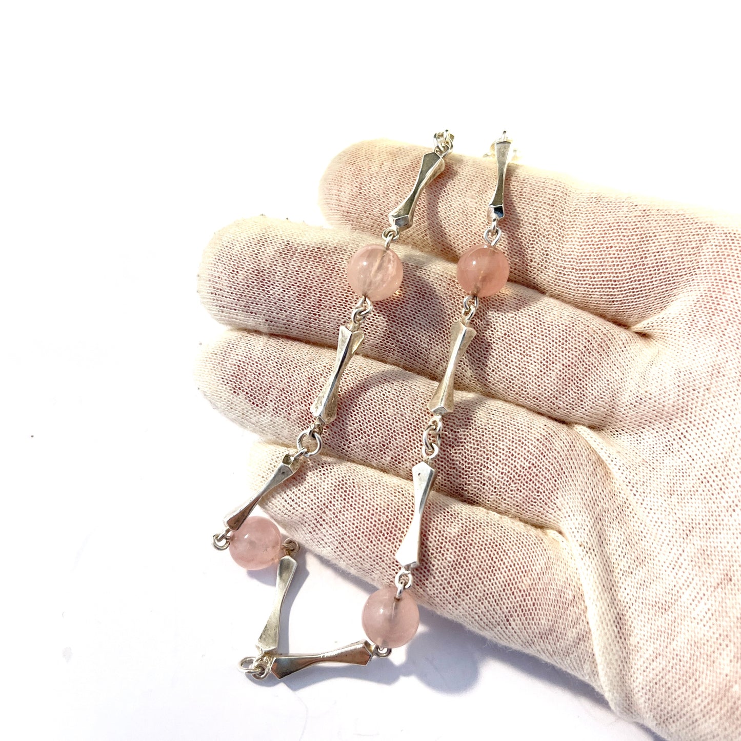 Sweden c 1960s. Vintage Solid Silver Rose Quartz Necklace.