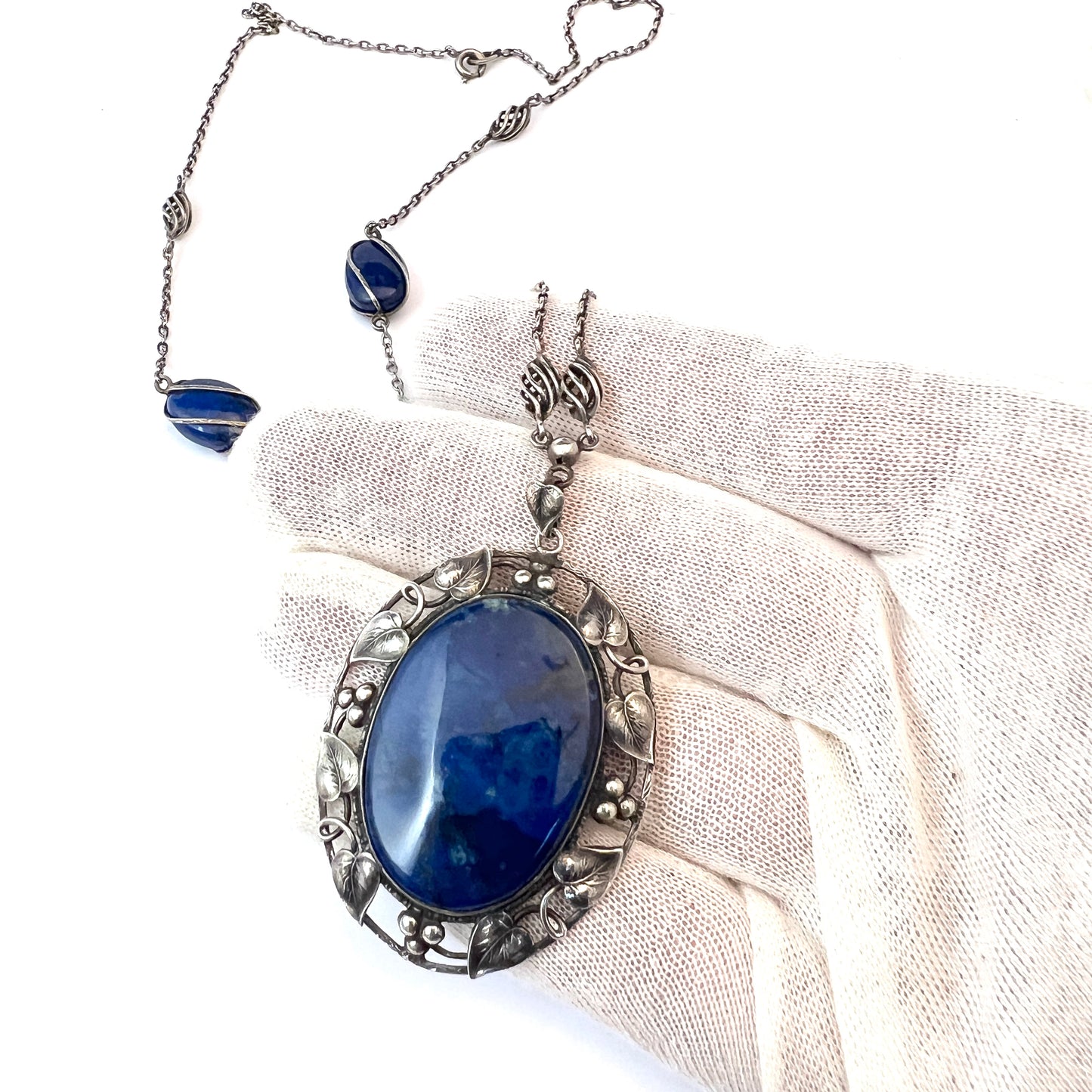 Antique Arts & Crafts Sterling Silver Swiss Lapis Necklace.