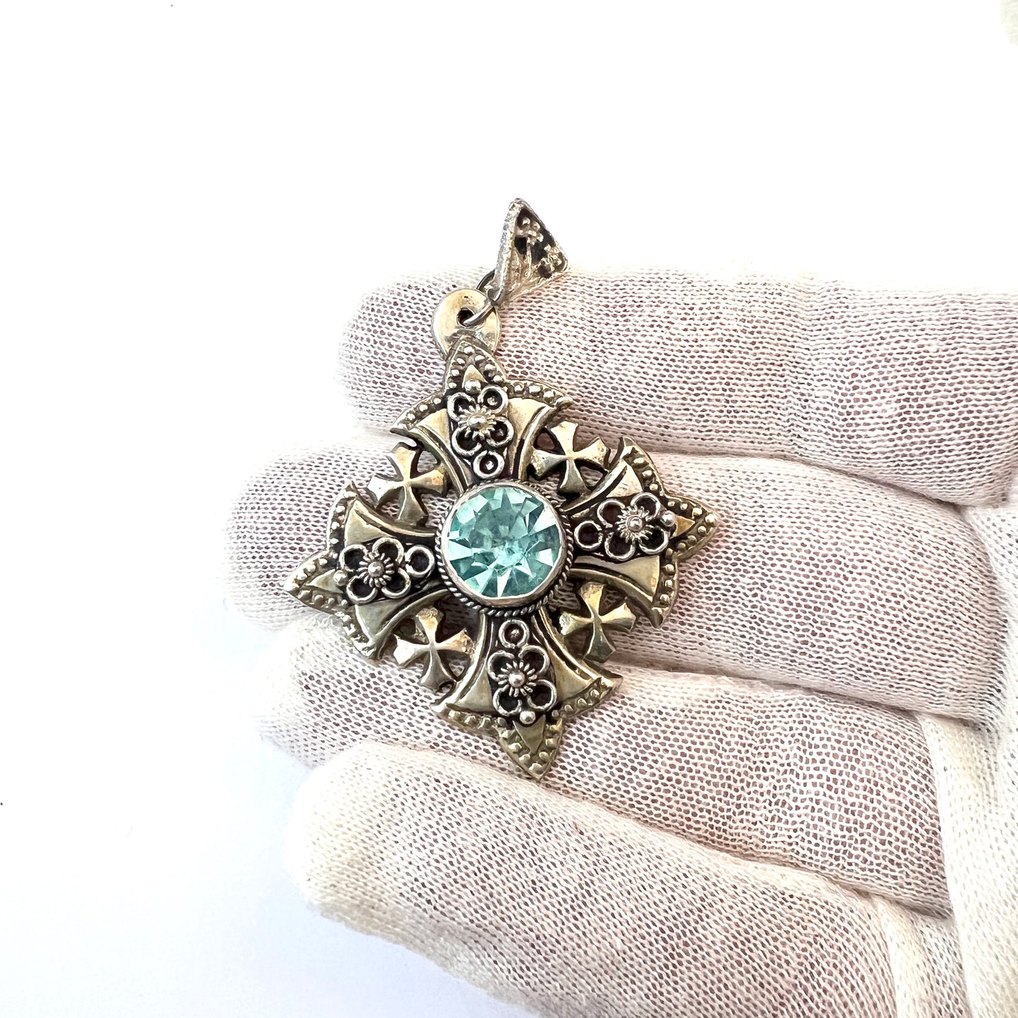 Jerusalem, Vintage 900 Silver Paste Stone Cross Pendant.