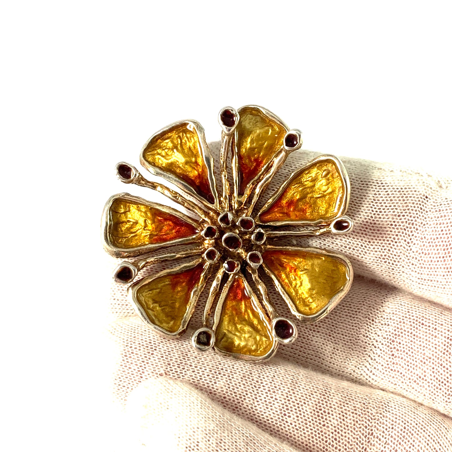 David Anderson KJ Otteren, Norway. Vintage 1960s Sterling Silver Enamel Flower Pendant Brooch