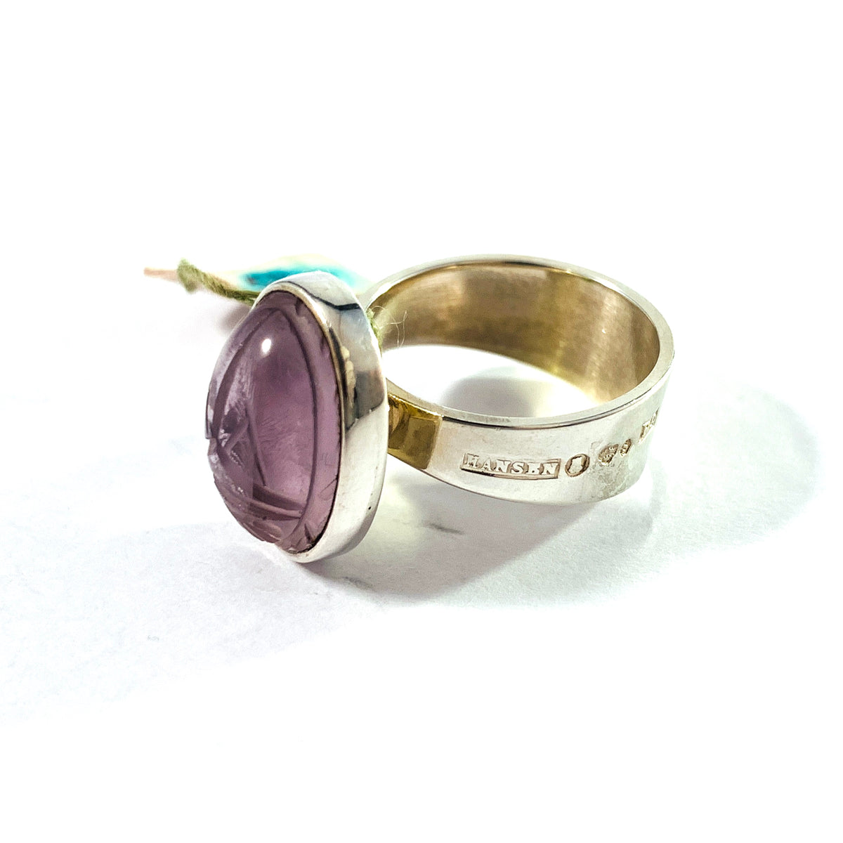 Hansen, Sweden 1965. Sterling Silver Rose Quartz Scarab Ring. New Old Stock.