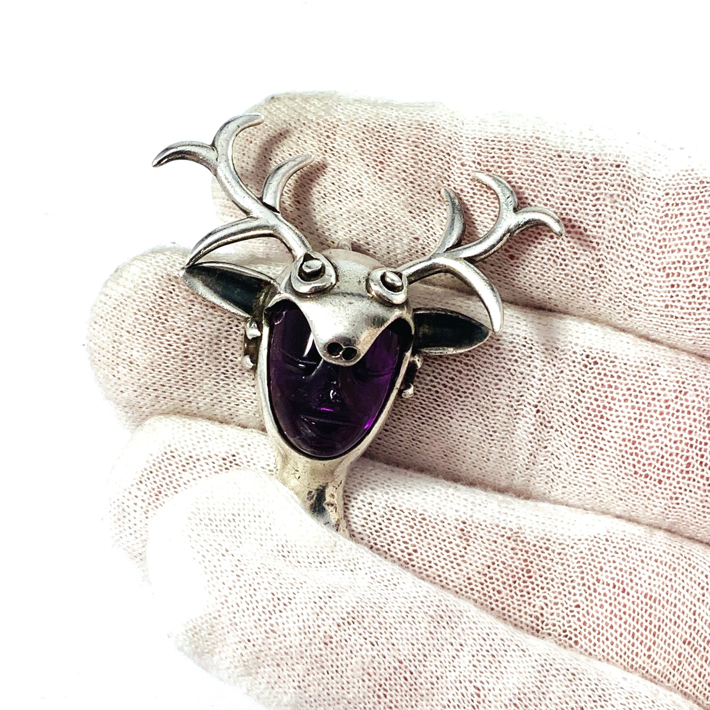 Los Ballesteros Taxco, Mexico Sterling Silver Carved Amethyst Face Mask Pendant. 1950s