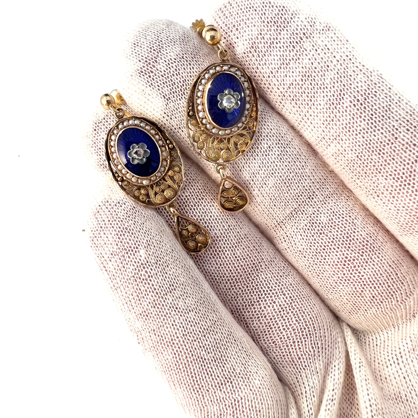 Antique Edwardian 18k Gold Diamond Enamel Pearl Earrings. Later Screw-Backs