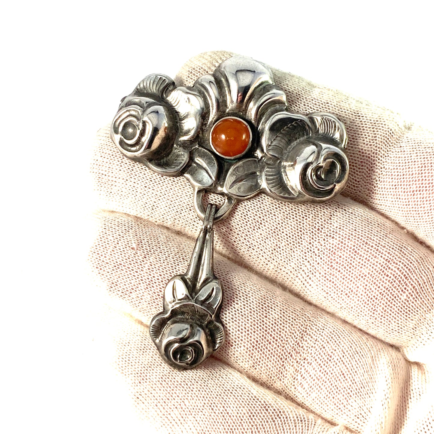 CVC Larsen, Copenhagen 1910-20s Arts and Crafts Skonvirke Solid 830 Silver Amber Brooch.