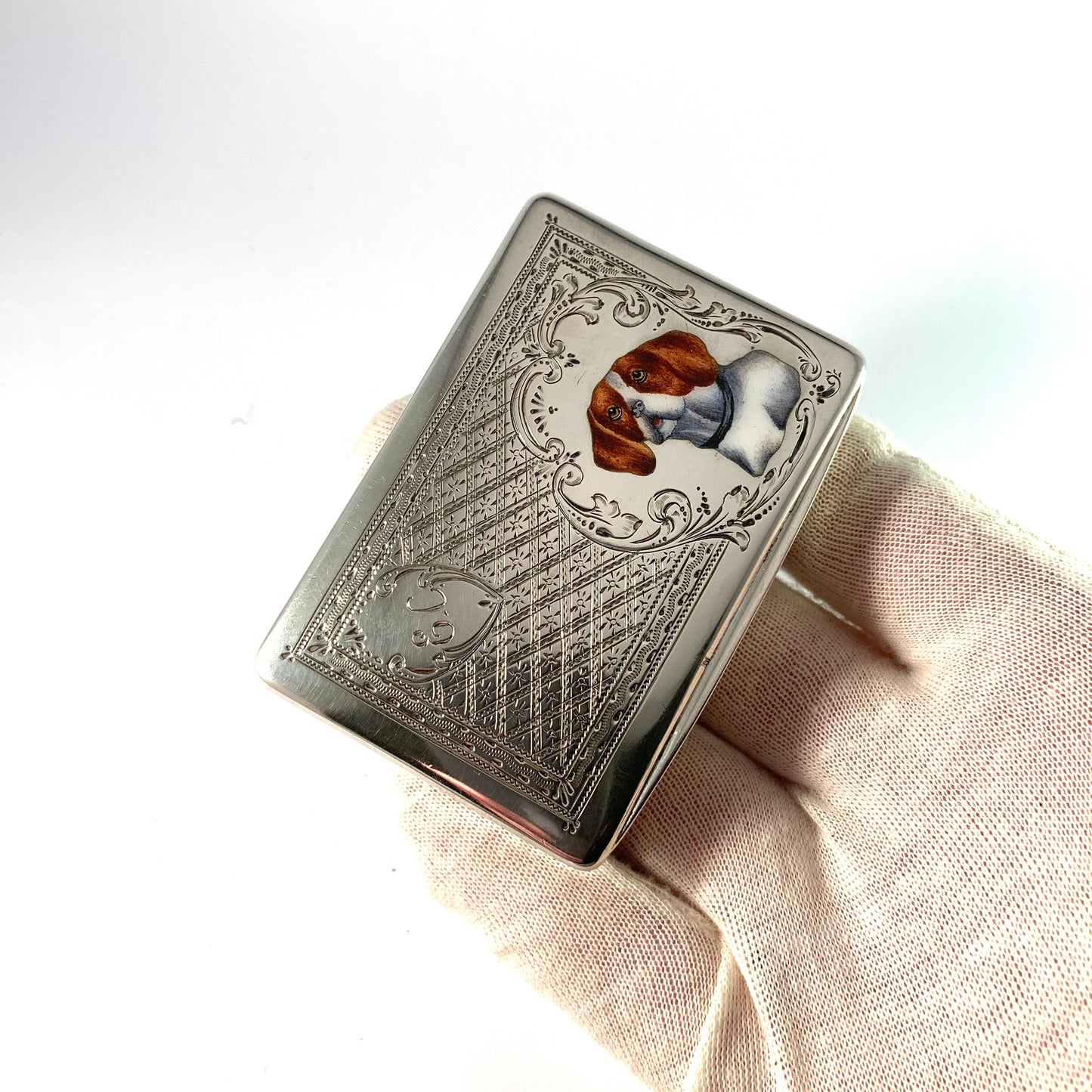 Italy c 1920s. Solid 800 Silver Dog Beagle? Enamel Cigarette Case.