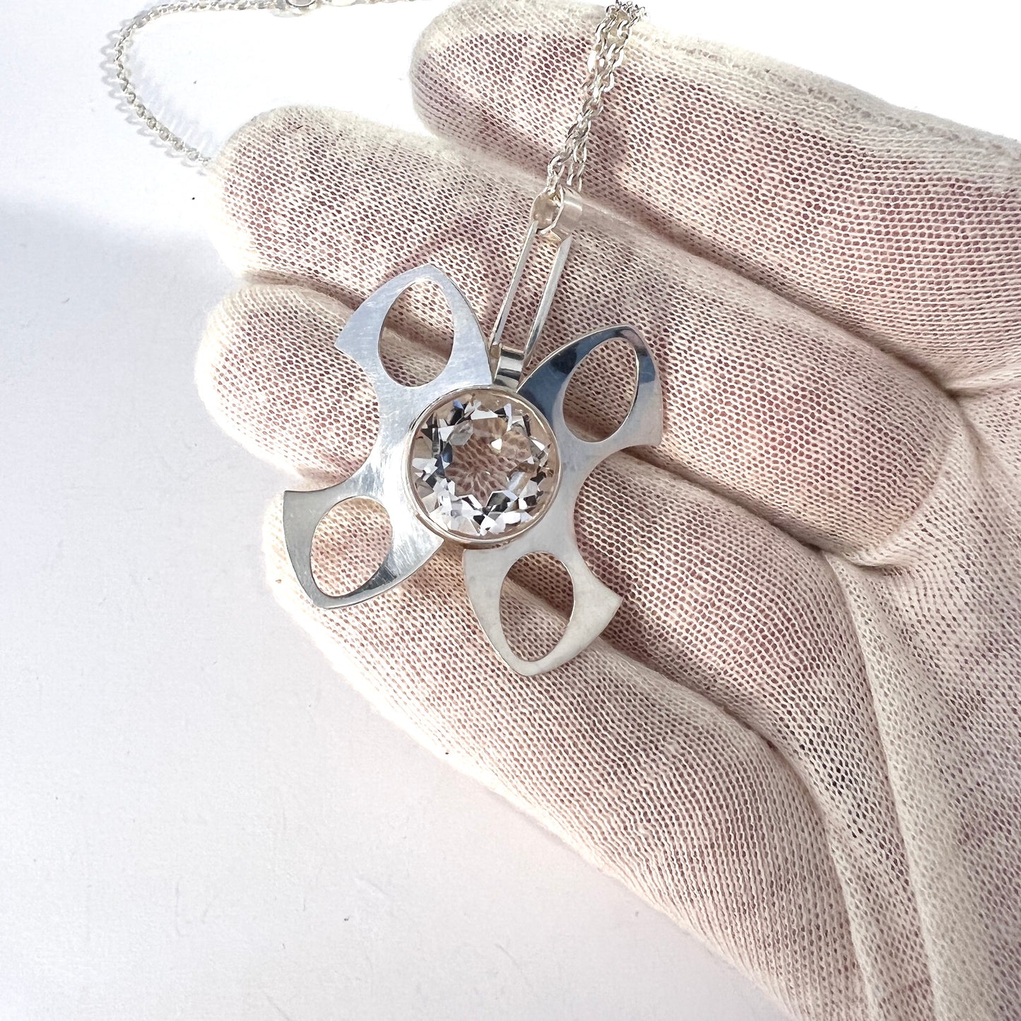 Kultasepat Salovaara, Finland 1973. Solid Silver Rock Crystal Pendant Necklace.