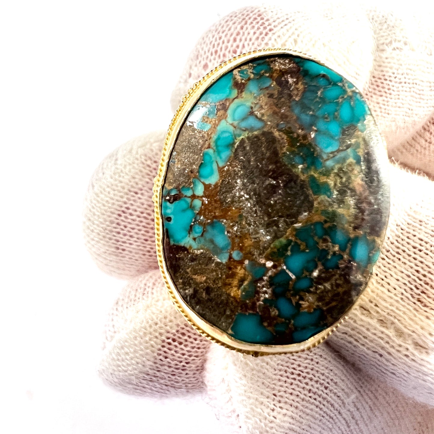 Vintage Byzantine Revival 18k Gold Chrysocolla Chunky Unisex Signet Ring.