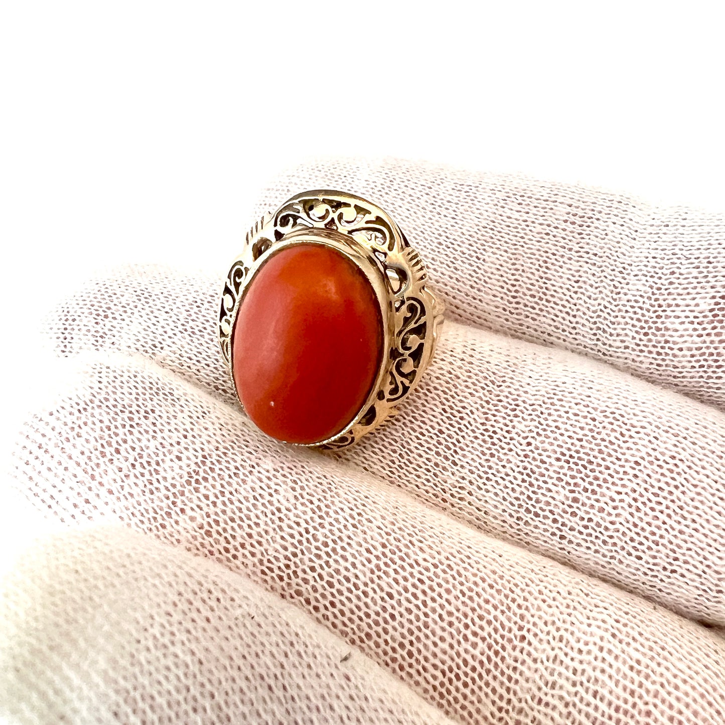 Warsaw Poland c 1960s Bold 14k Gold Coral Ring.