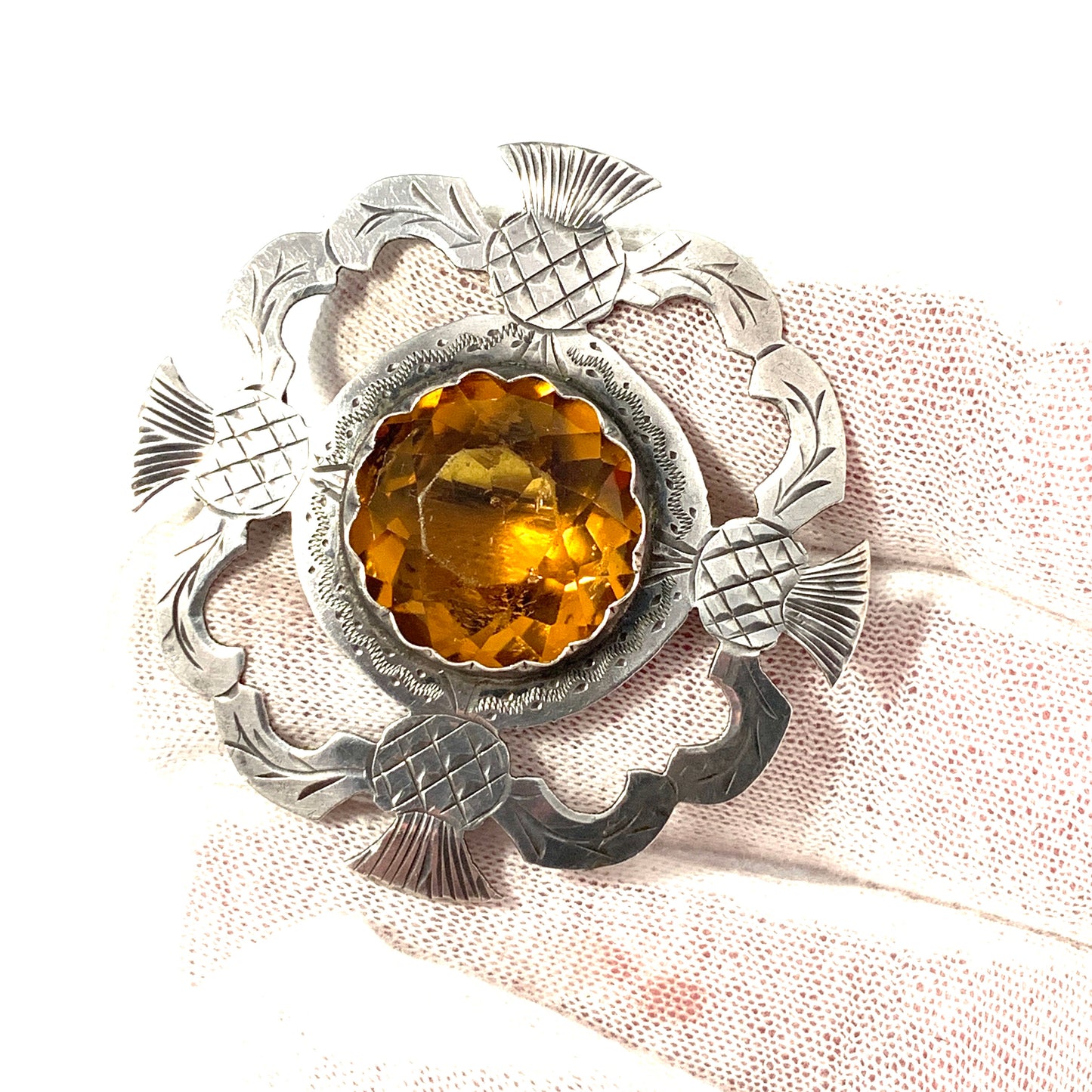 Antique Solid 830 Silver Thistle Cairngorm Quartz Brooch.